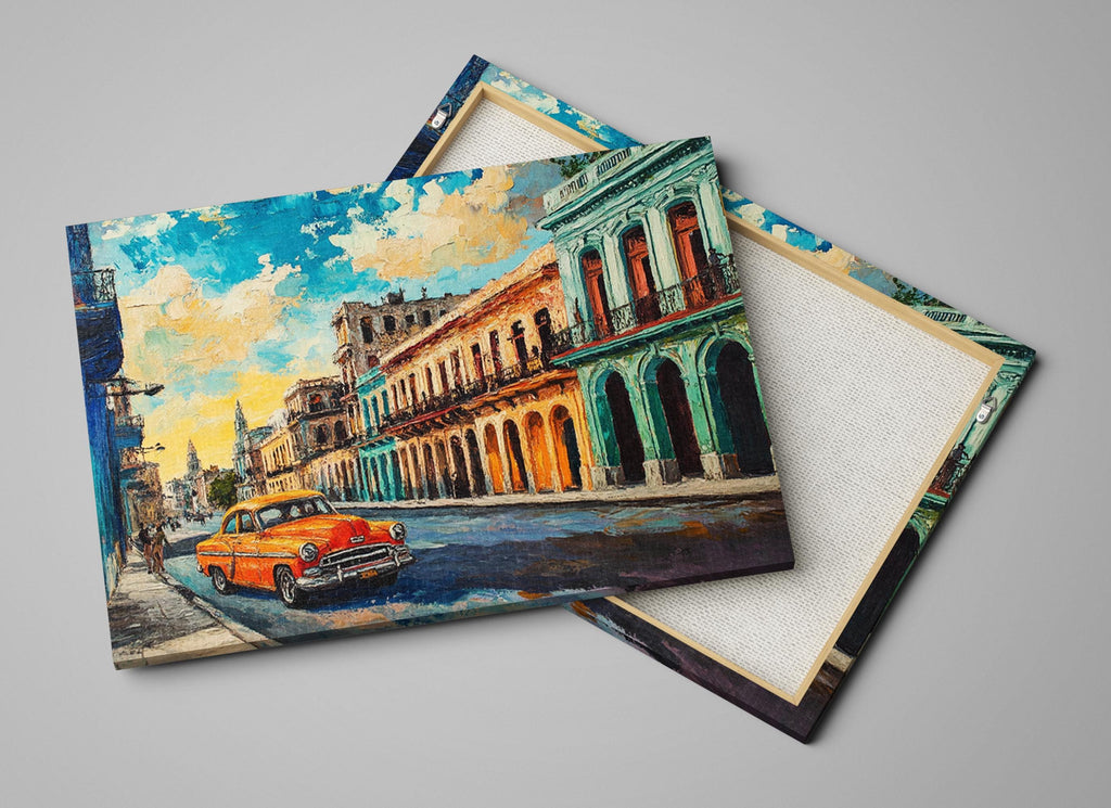 a painting of a yellow car on a city street