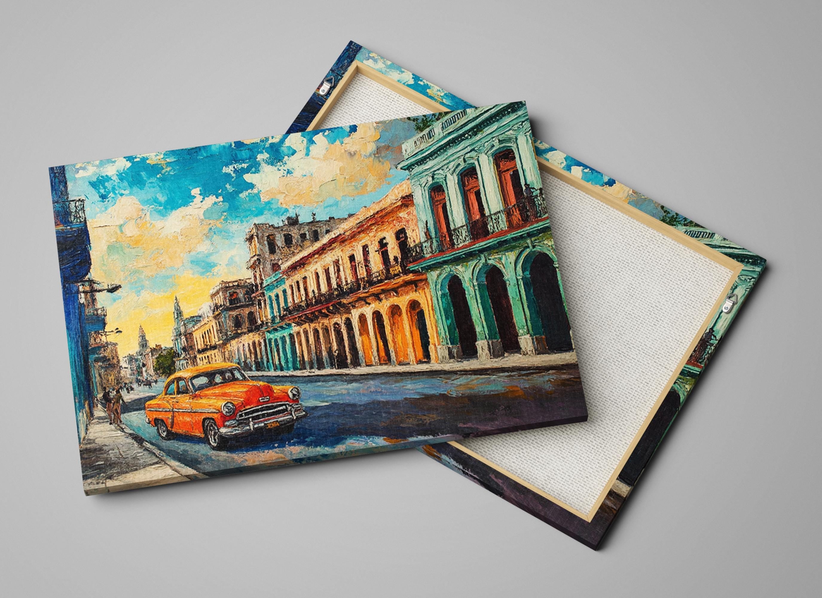 a painting of a yellow car on a city street