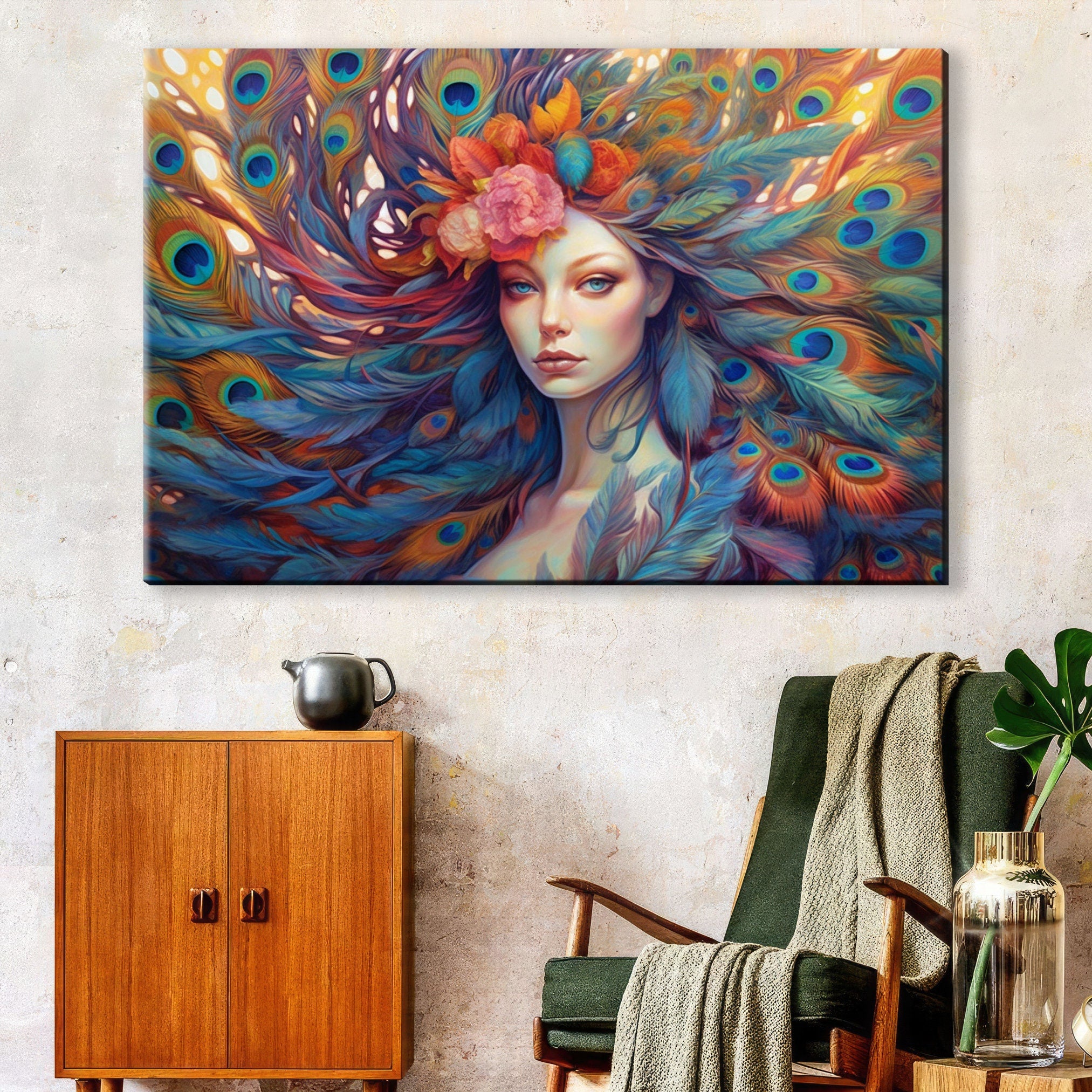 Peacock Feather Canvas | Large Canvas Print of Female Portrait Art with Vibrant Color