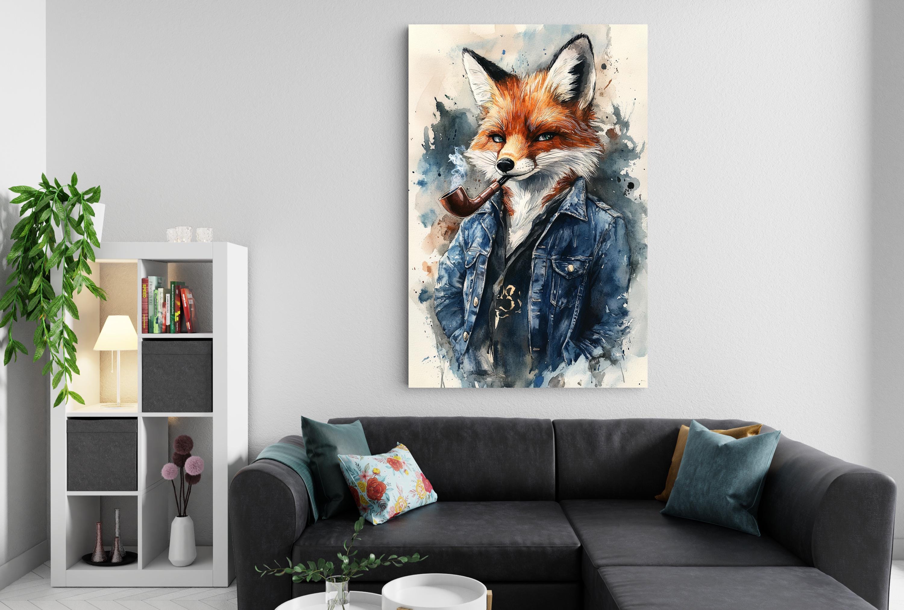 a living room with a gray sectional sofa, a bookshelf, and a large painting of a fox wearing a blue jacket and holding a pipe.