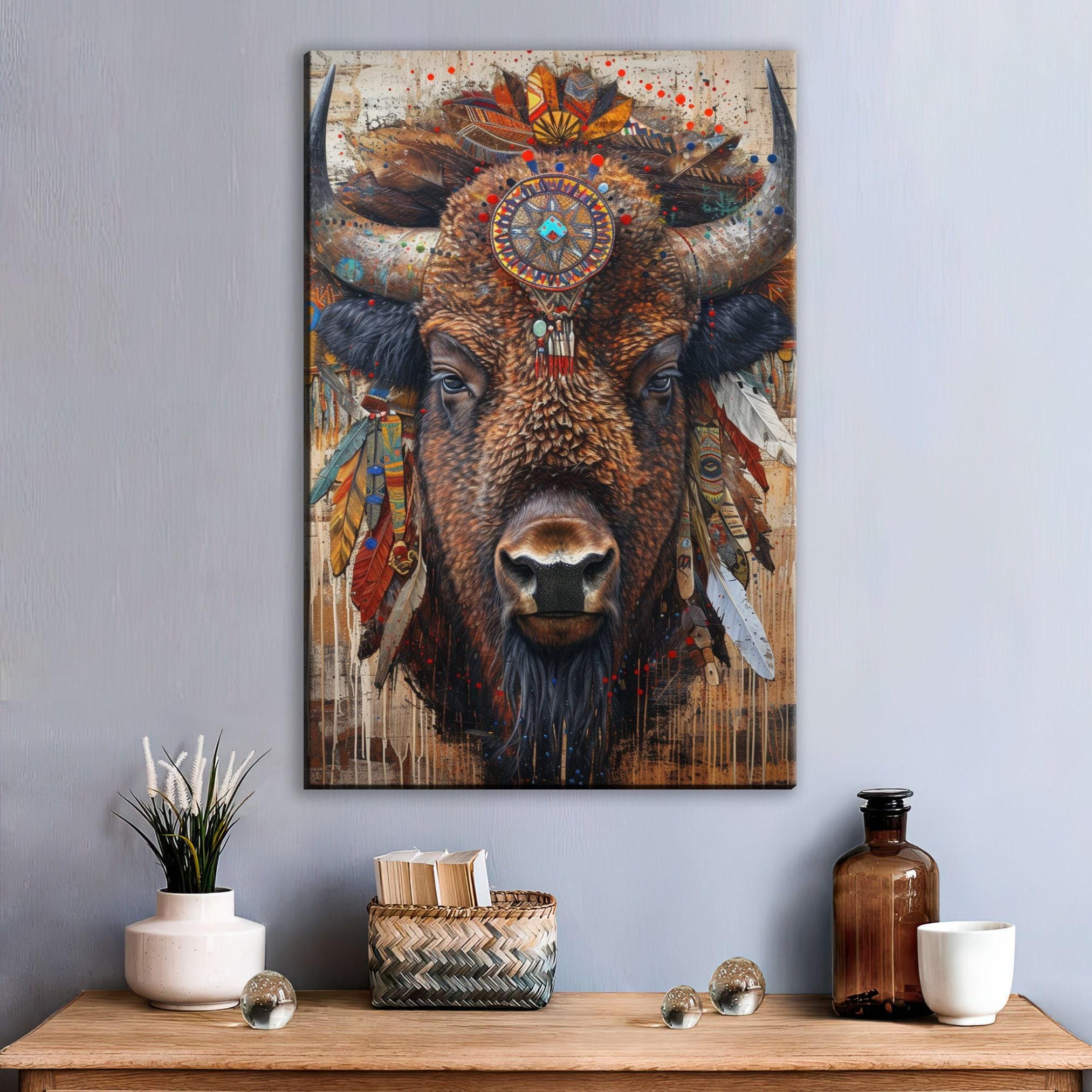Native American Bison Art – Large Canvas Art | Gallery Wrapped Canvas, Ready to Hang