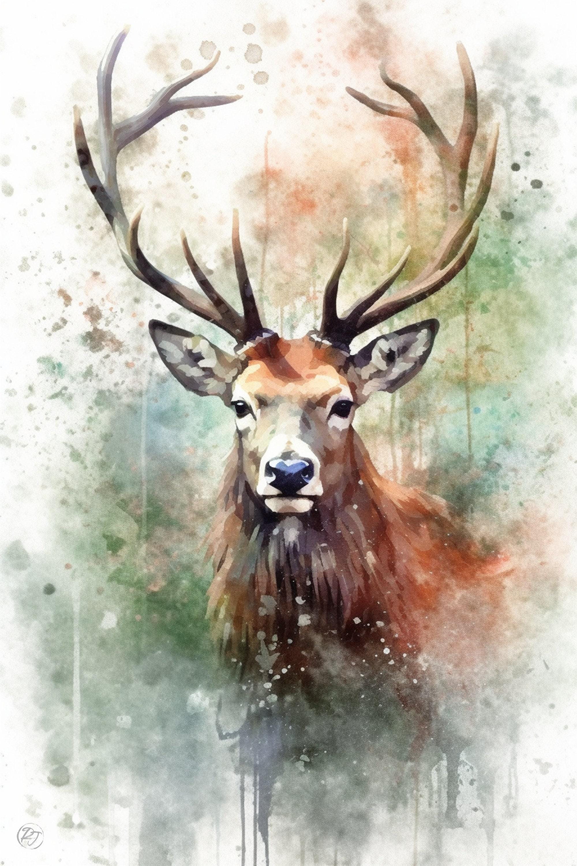 Elegant Reindeer Watercolor - Rustic Holiday Wall Art, Print on Canvas, Artist Paper, Watercolor Paper, Available in Extra Large Sizes
