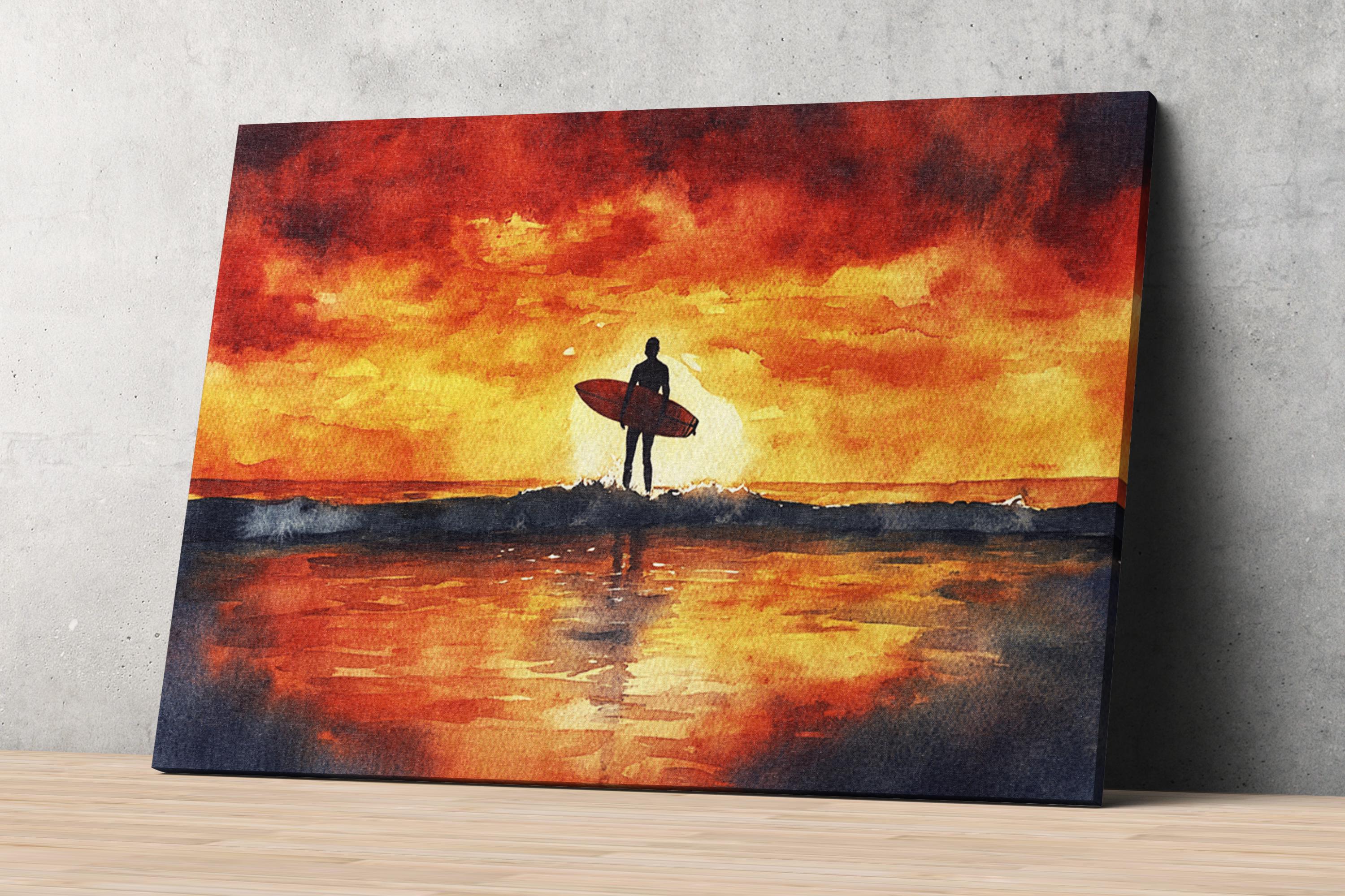 A watercolor painting depicting a surfer standing on a beach, silhouetted against a vibrant sunset sky.