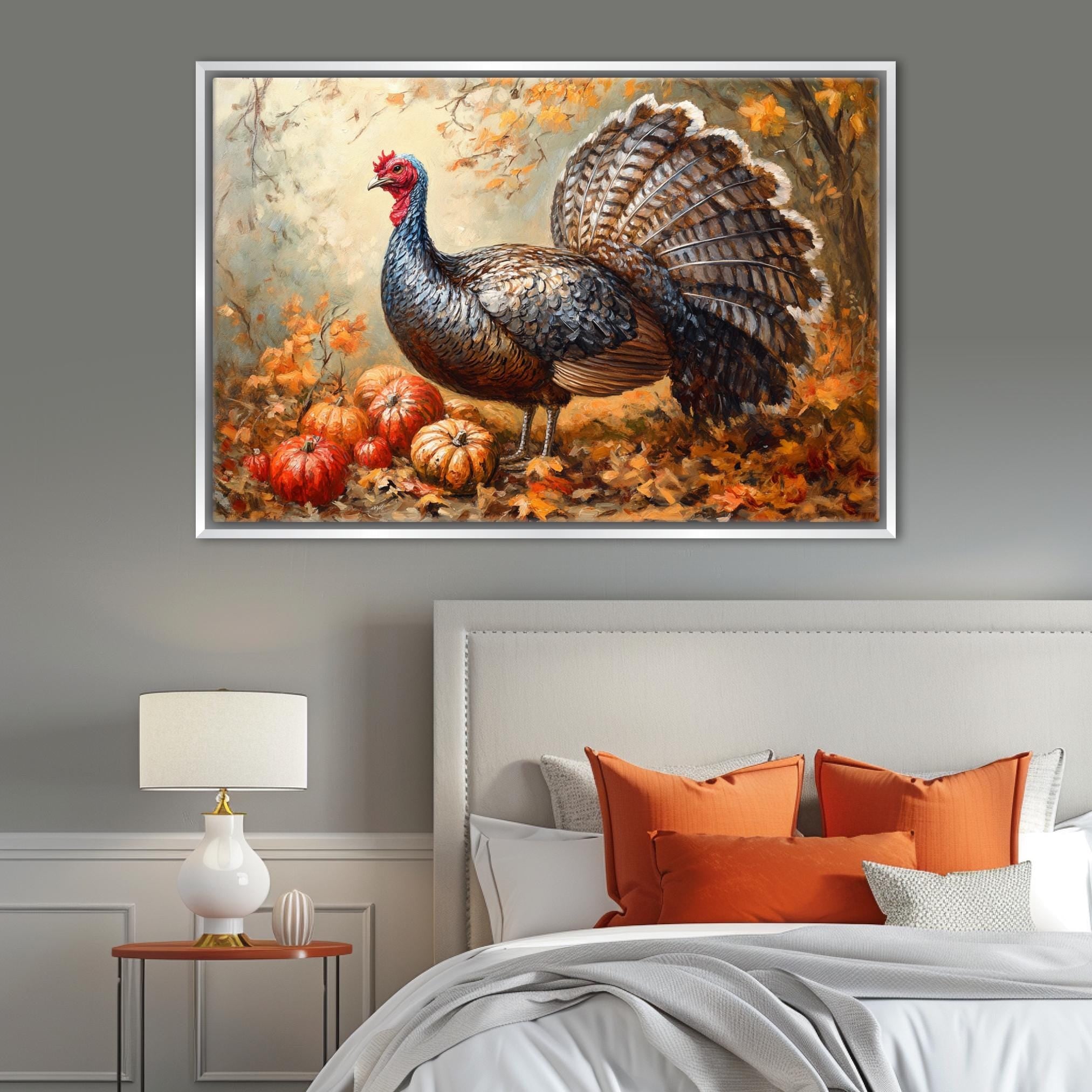 a large painting of a turkey standing on a bed with autumn leaves and pumpkins in the background.