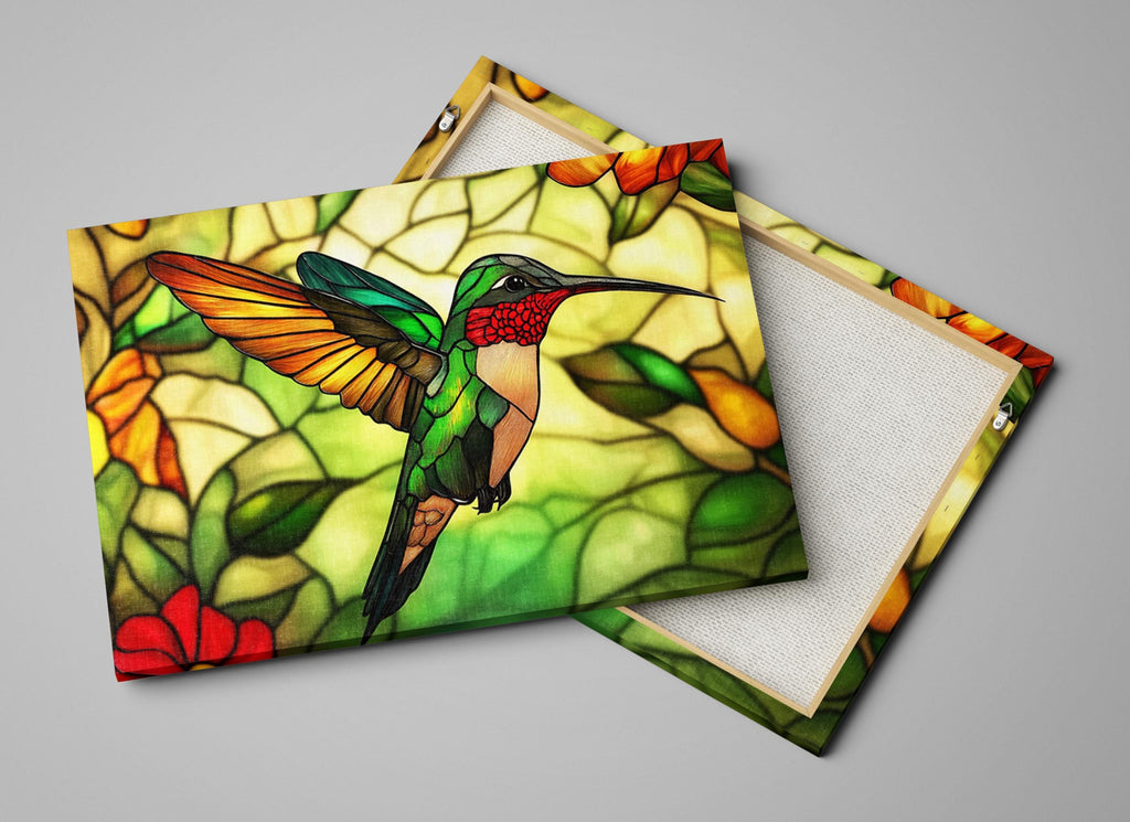 a painting of a hummingbird on a stained glass background
