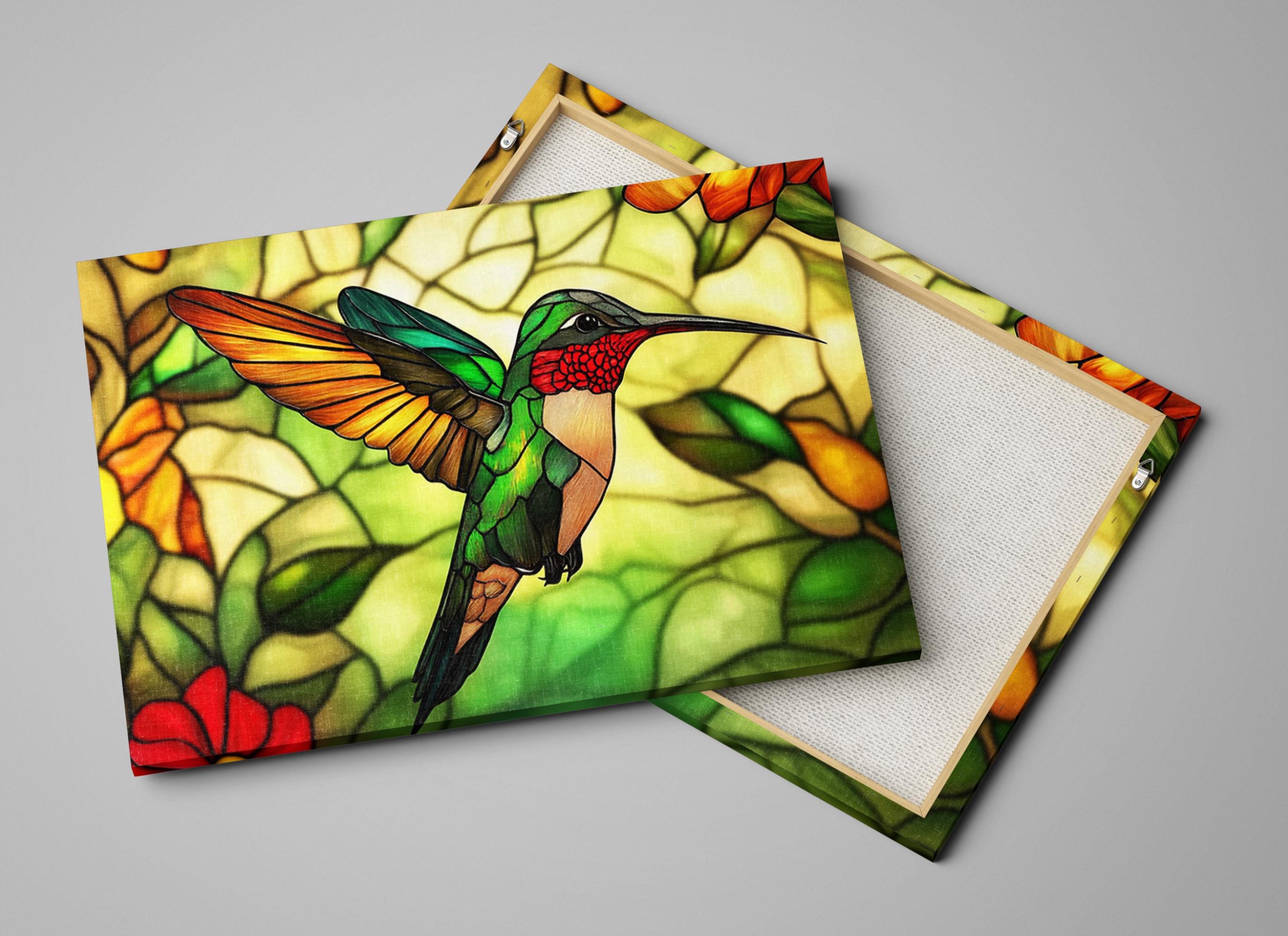 a painting of a hummingbird on a stained glass background