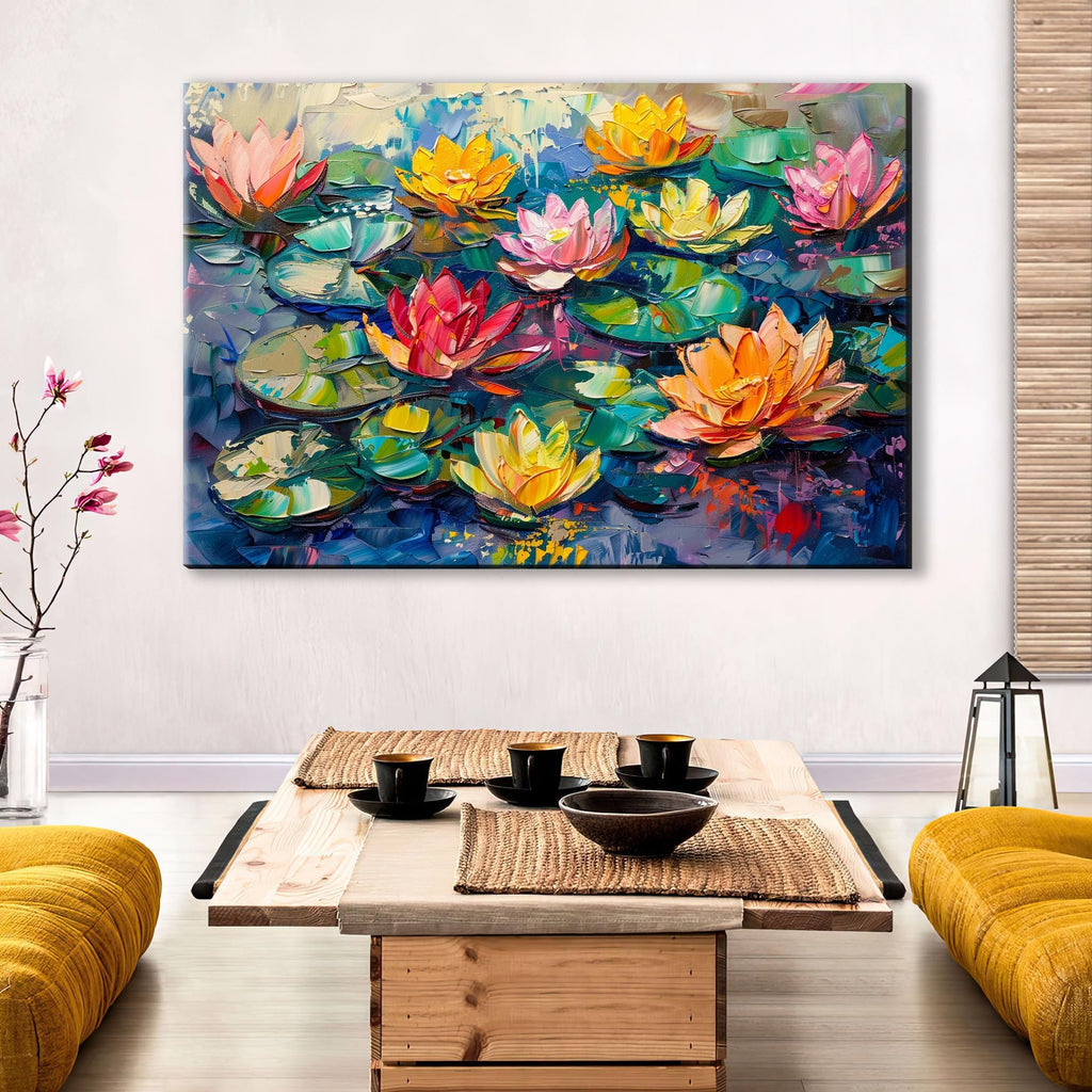 Water Lilies Canvas | Large Canvas Art - Oversized Botanical Wall Art in Impasto Painting Style