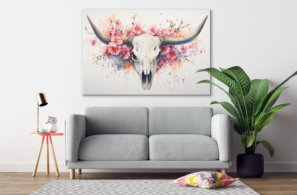 a gray sofa, a potted plant, a lamp, and a large floral painting on the wall.