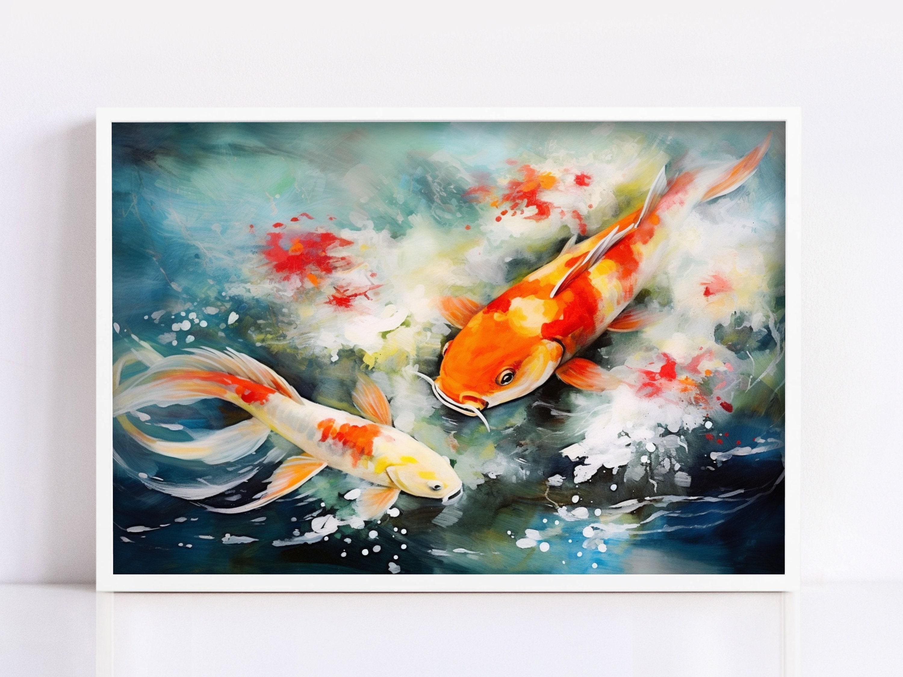 Japanese Koi Watercolor Art for Walls, Giclee Print on Canvas, Artist Paper, Watercolor Paper, Available in Extra Large Sizes
