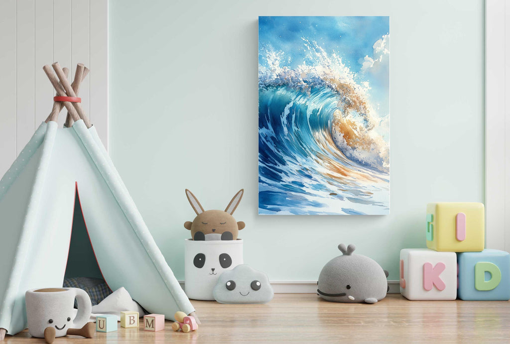 A child's bedroom with a teepee, stuffed animals, and alphabet blocks. The wall has a large painting of a crashing wave, and the room has a light blue color scheme.