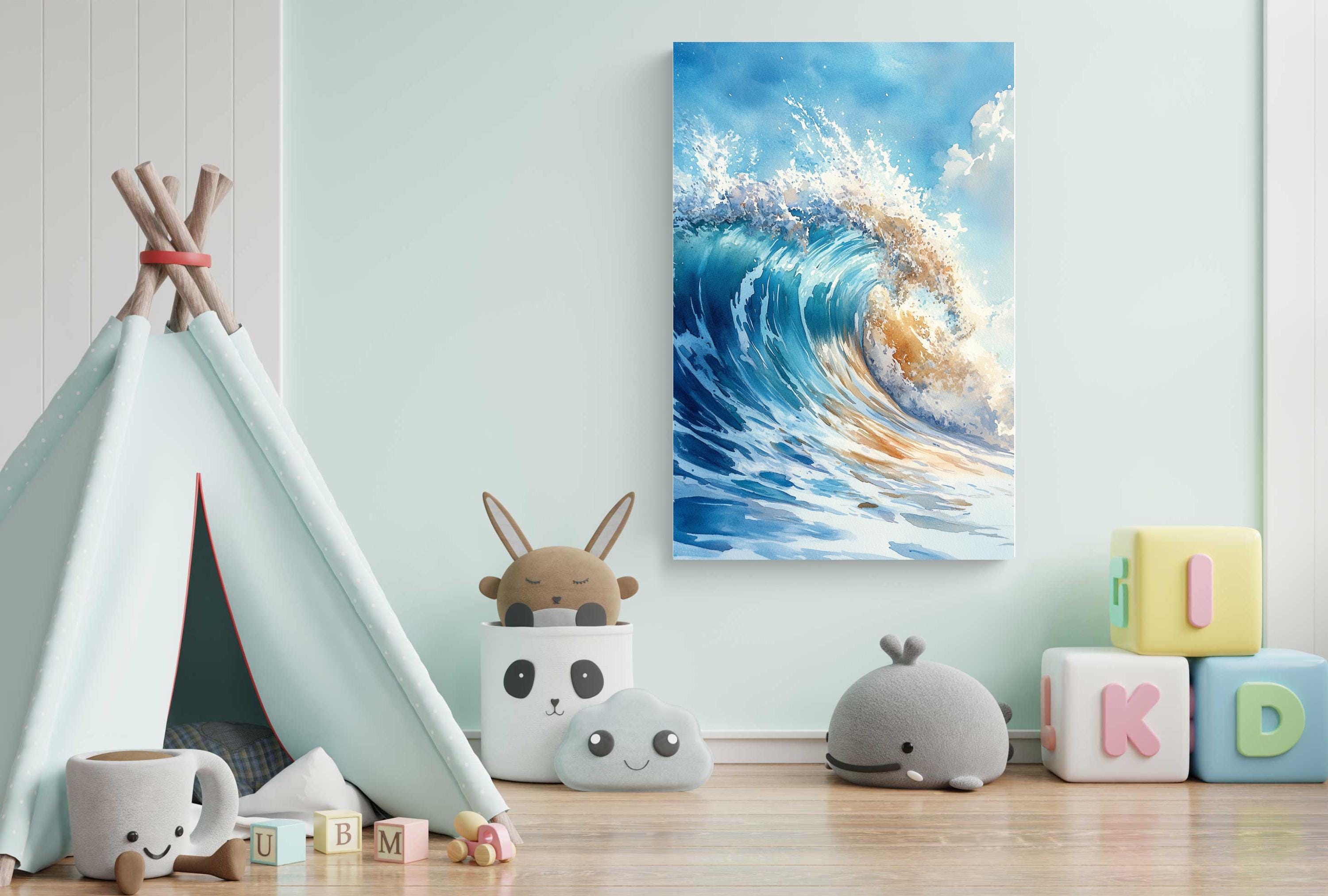 A child's bedroom with a teepee, stuffed animals, and alphabet blocks. The wall has a large painting of a crashing wave, and the room has a light blue color scheme.