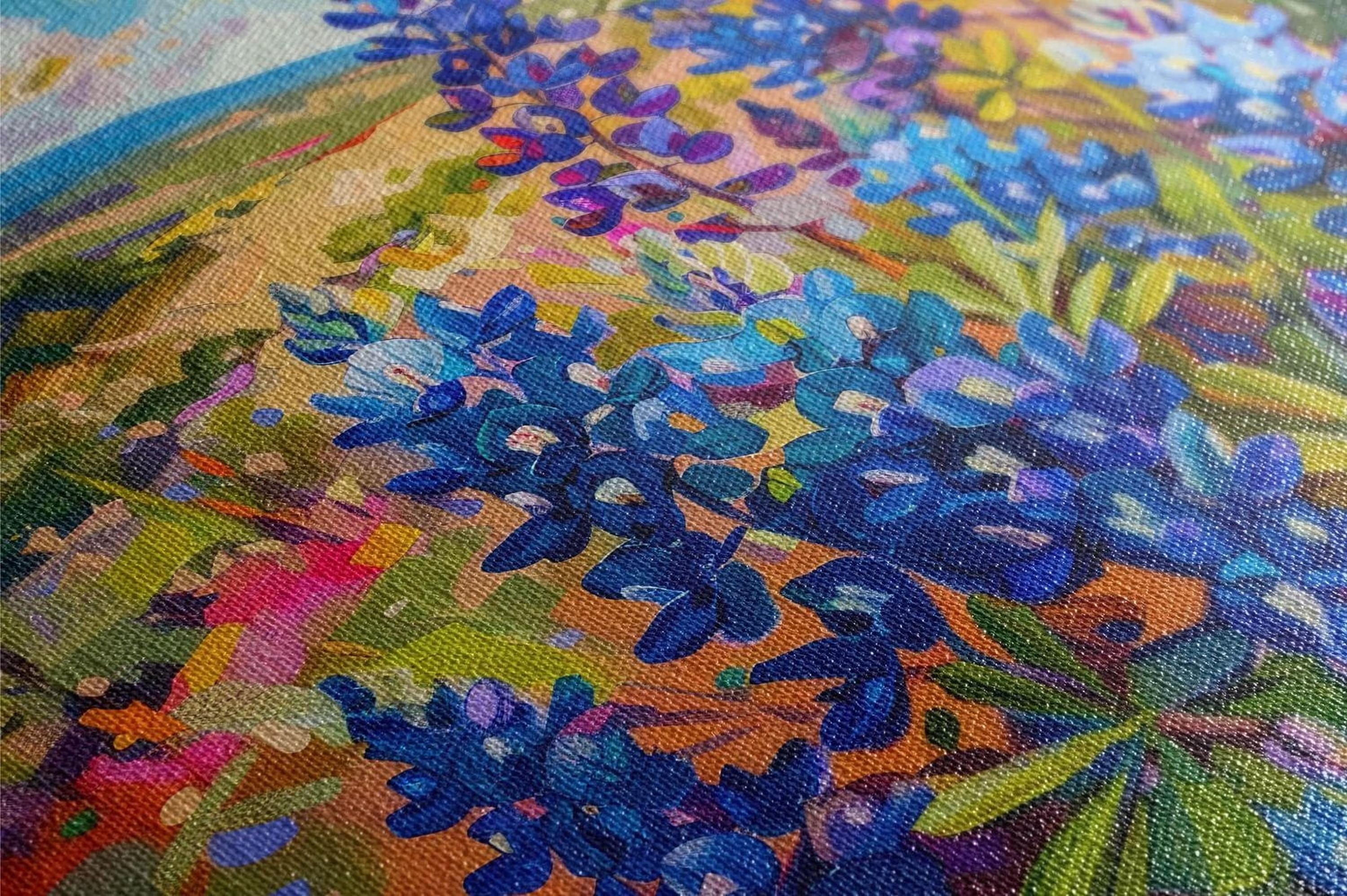 The image is a close-up of a vibrant, colorful painting featuring a variety of flowers and foliage in shades of blue, green, and orange.