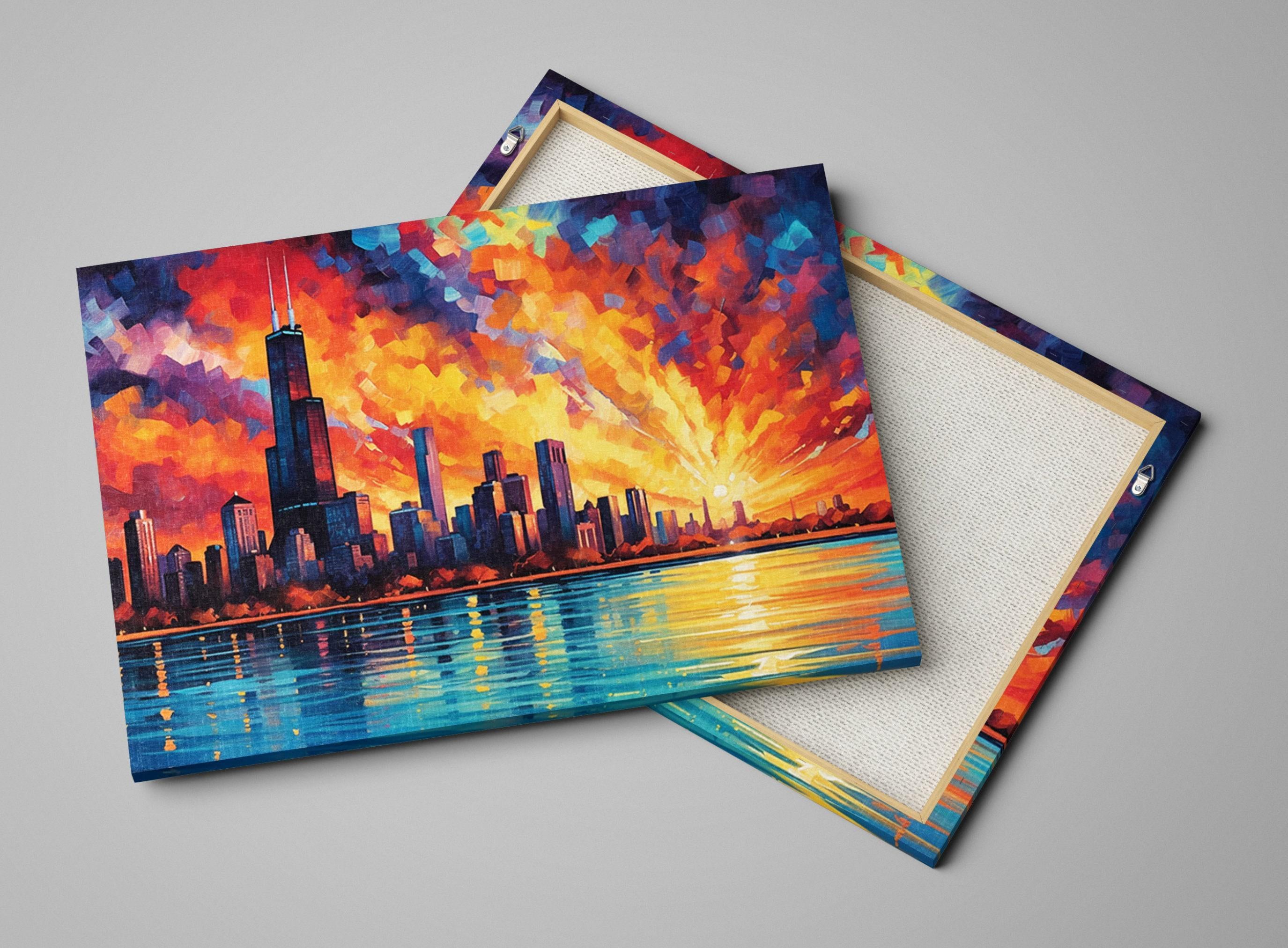 a vibrant cityscape with a skyline of tall buildings and a body of water reflecting the colorful sky.