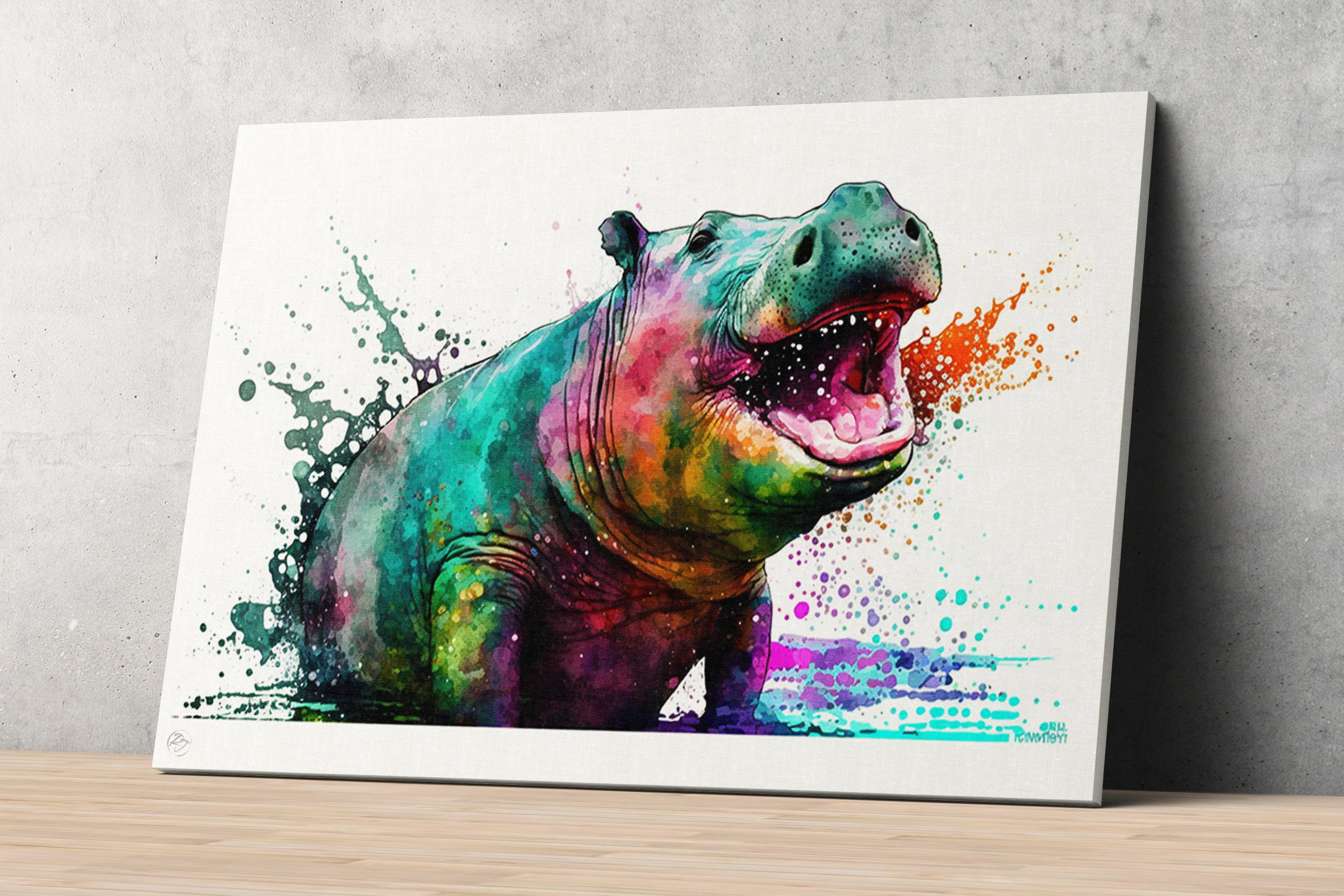 Hippo Serenity: Watercolor Hippopotamus Art Print, Giclee Print on Canvas, Artist Paper, Watercolor Paper, Available in Extra Large Sizes