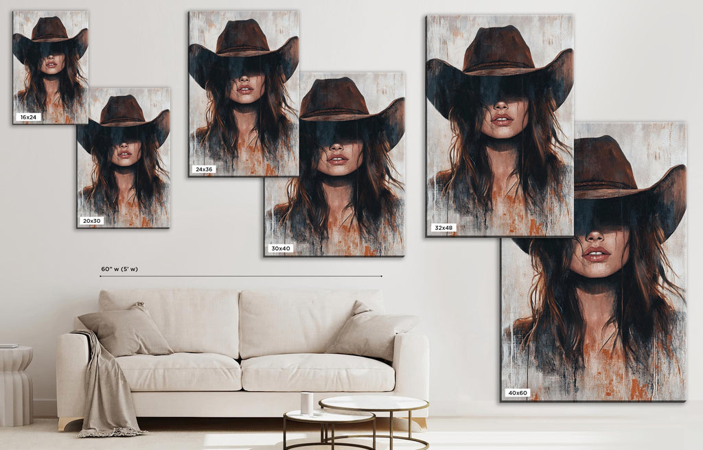 a living room with a couch and a picture of a woman wearing a cowboy hat