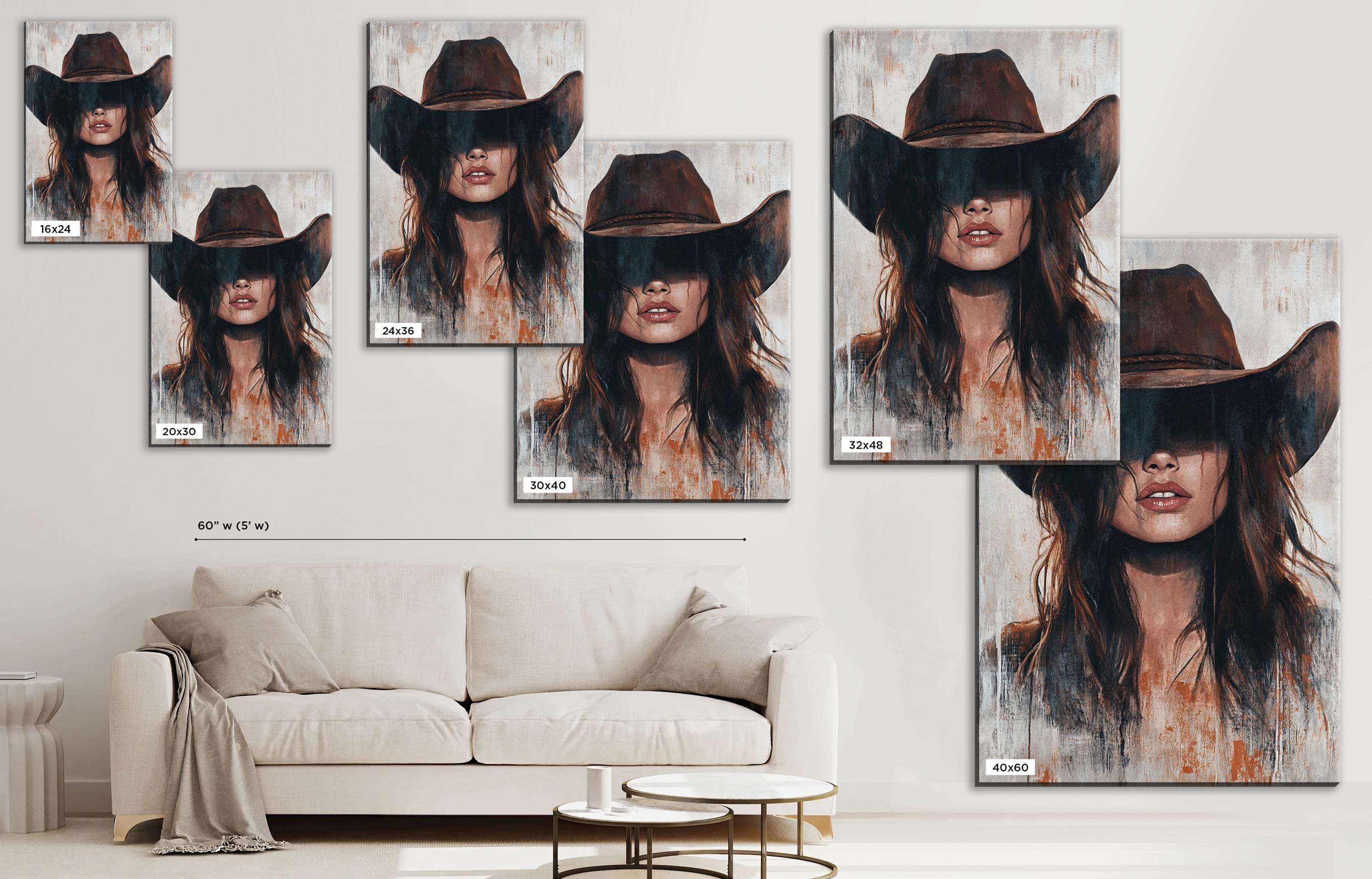a living room with a couch and a picture of a woman wearing a cowboy hat