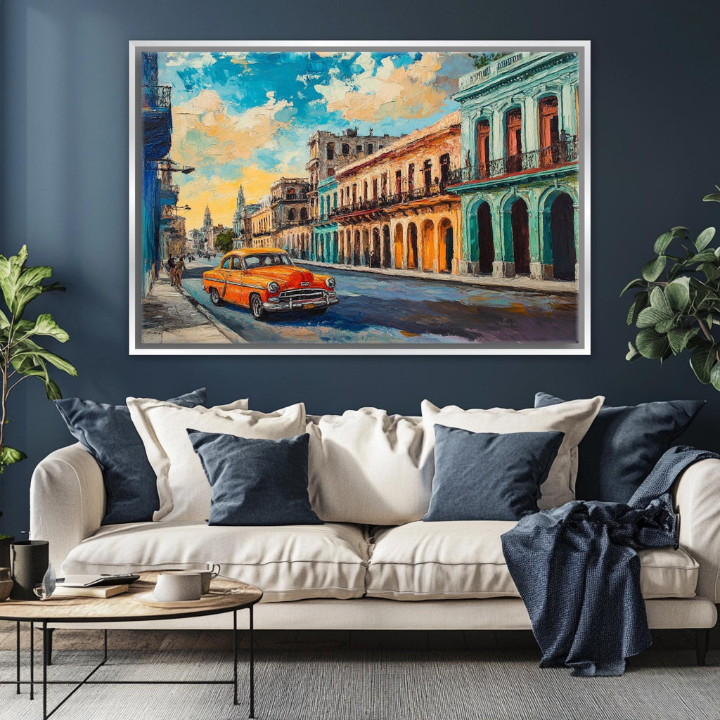 a living room with a couch and a painting on the wall