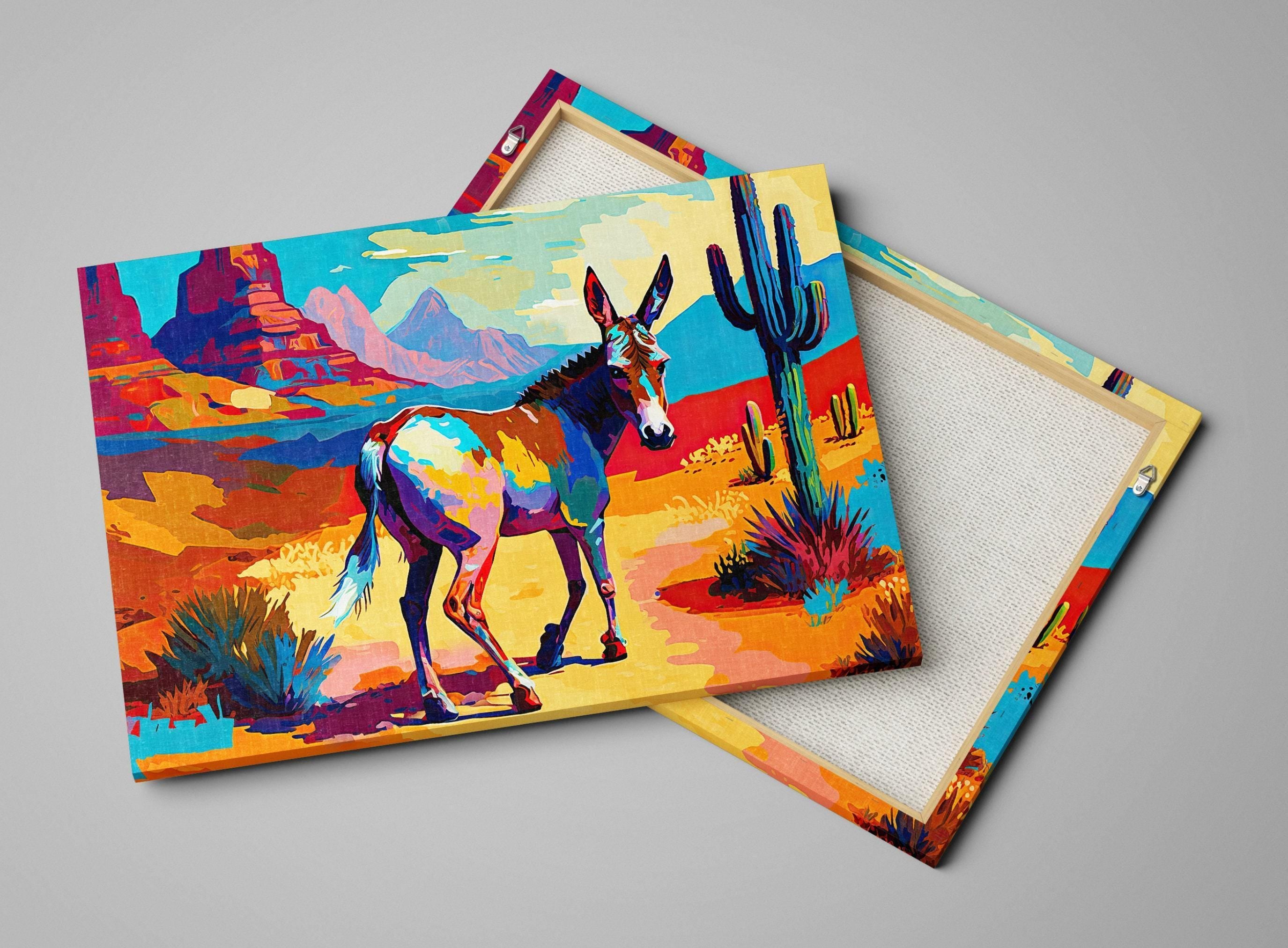 a colorful painting of a donkey in a desert landscape, with mountains and cacti in the background.