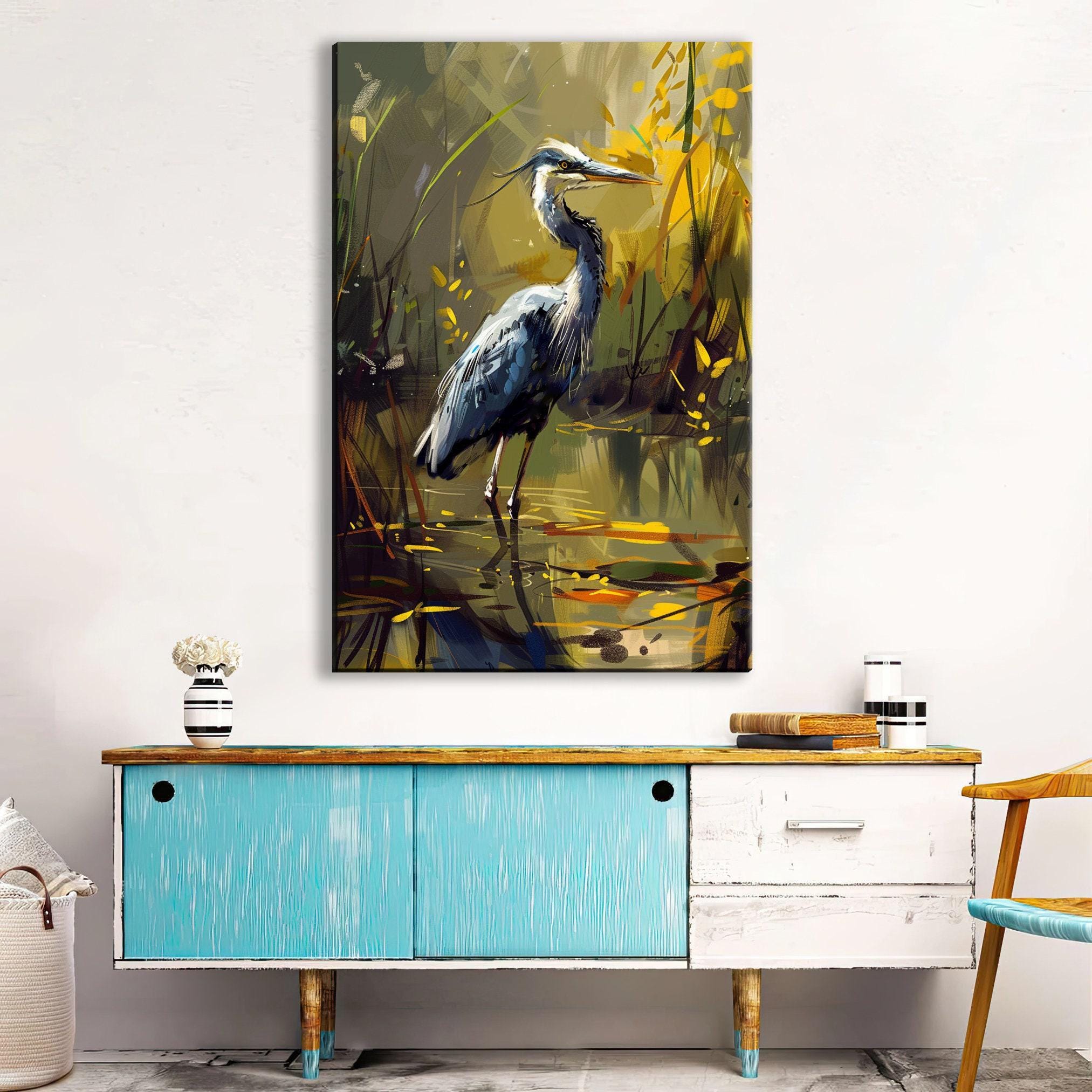 Rustic Blue Heron Art – Large Canvas Print | Gallery Wrapped Coastal Wall Art