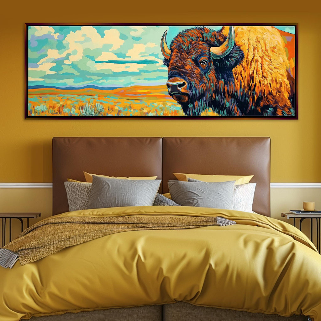 a painting of a bison on a wall above a bed