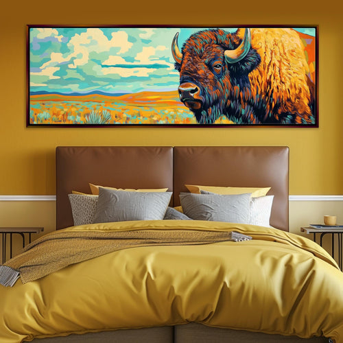 a painting of a bison on a wall above a bed
