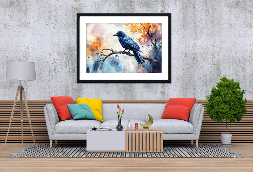a modern living room with a gray sofa, a coffee table, and a framed painting of a blue bird perched on a branch. The painting is hung on a concrete wall above the sofa.