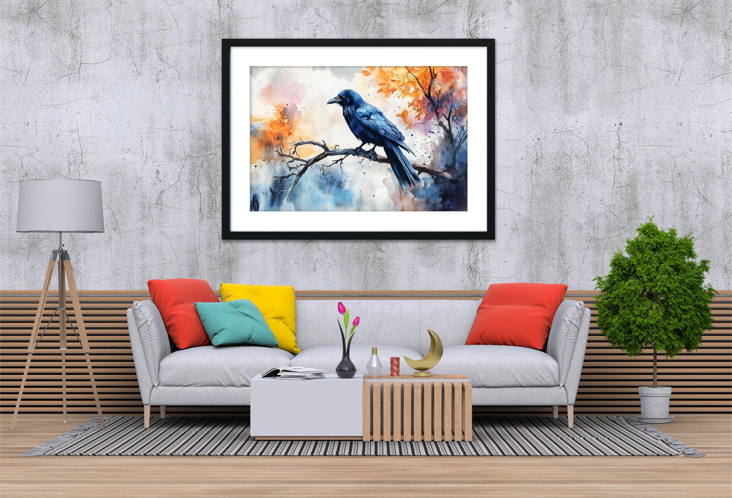 a modern living room with a gray sofa, a coffee table, and a framed painting of a blue bird perched on a branch. The painting is hung on a concrete wall above the sofa.