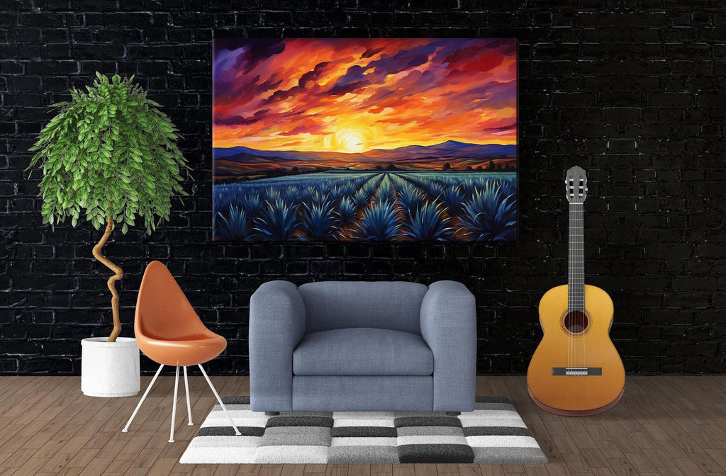 a living room with a large painting of a sunset over a field of blue flowers hanging on the wall. In front of the painting, there is a gray armchair and a yellow guitar. The room has a black brick wall, and there is a potted plant and a rug on the floor.