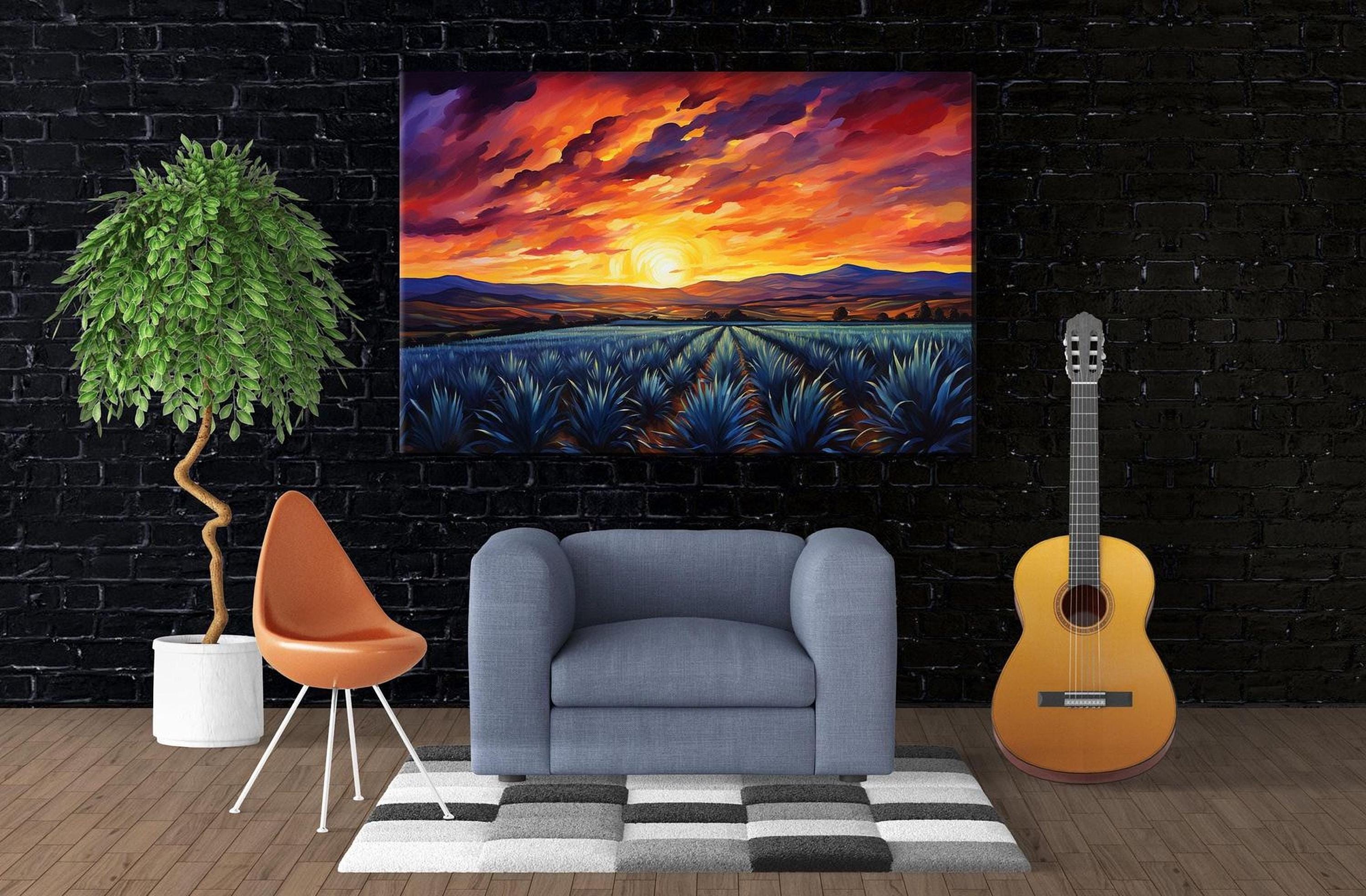 a living room with a large painting of a sunset over a field of blue flowers hanging on the wall. In front of the painting, there is a gray armchair and a yellow guitar. The room has a black brick wall, and there is a potted plant and a rug on the floor.