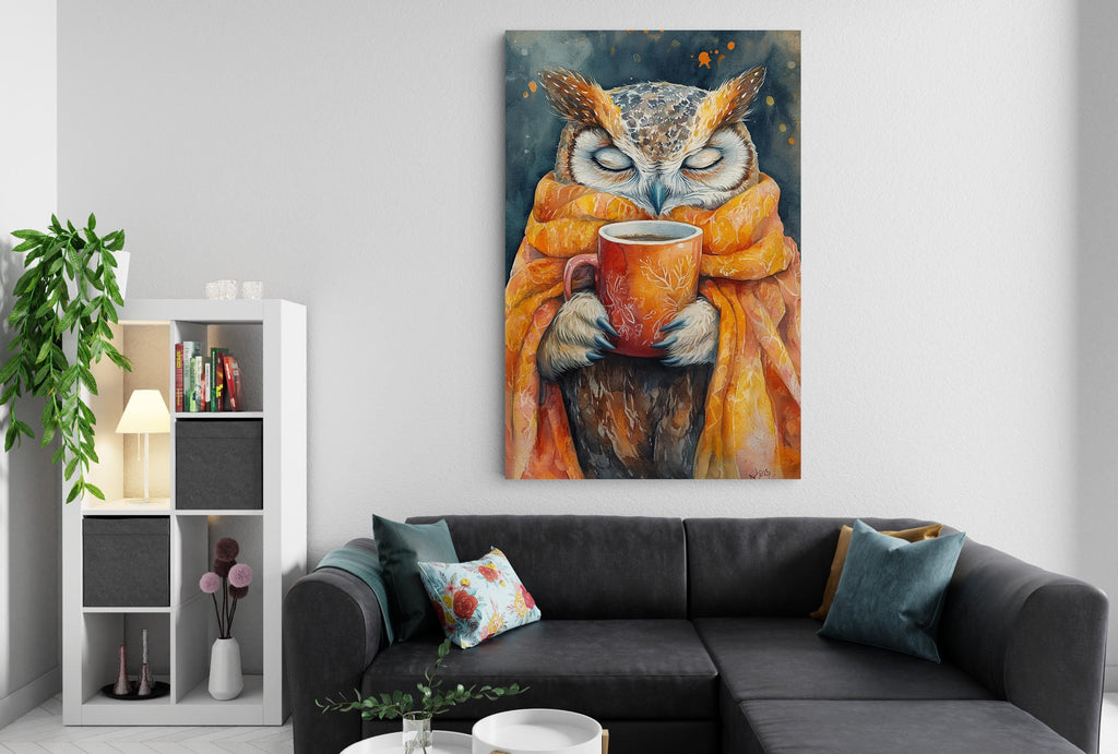 a cozy living room with a large painting of an owl holding a cup of coffee hanging on the wall above a black couch.