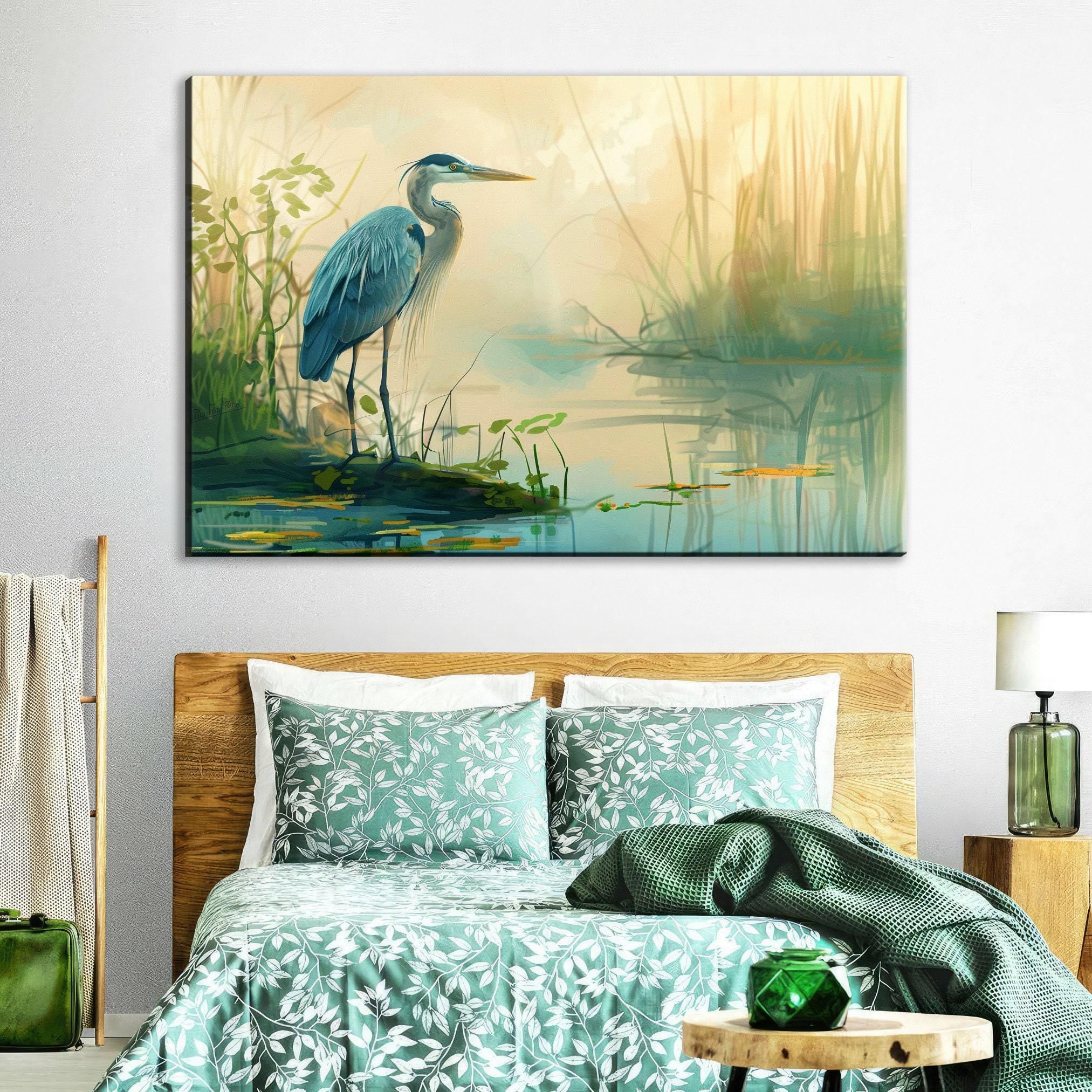Blue Heron Wall Art – Large Canvas Print | Misty Morning Coastal Decor