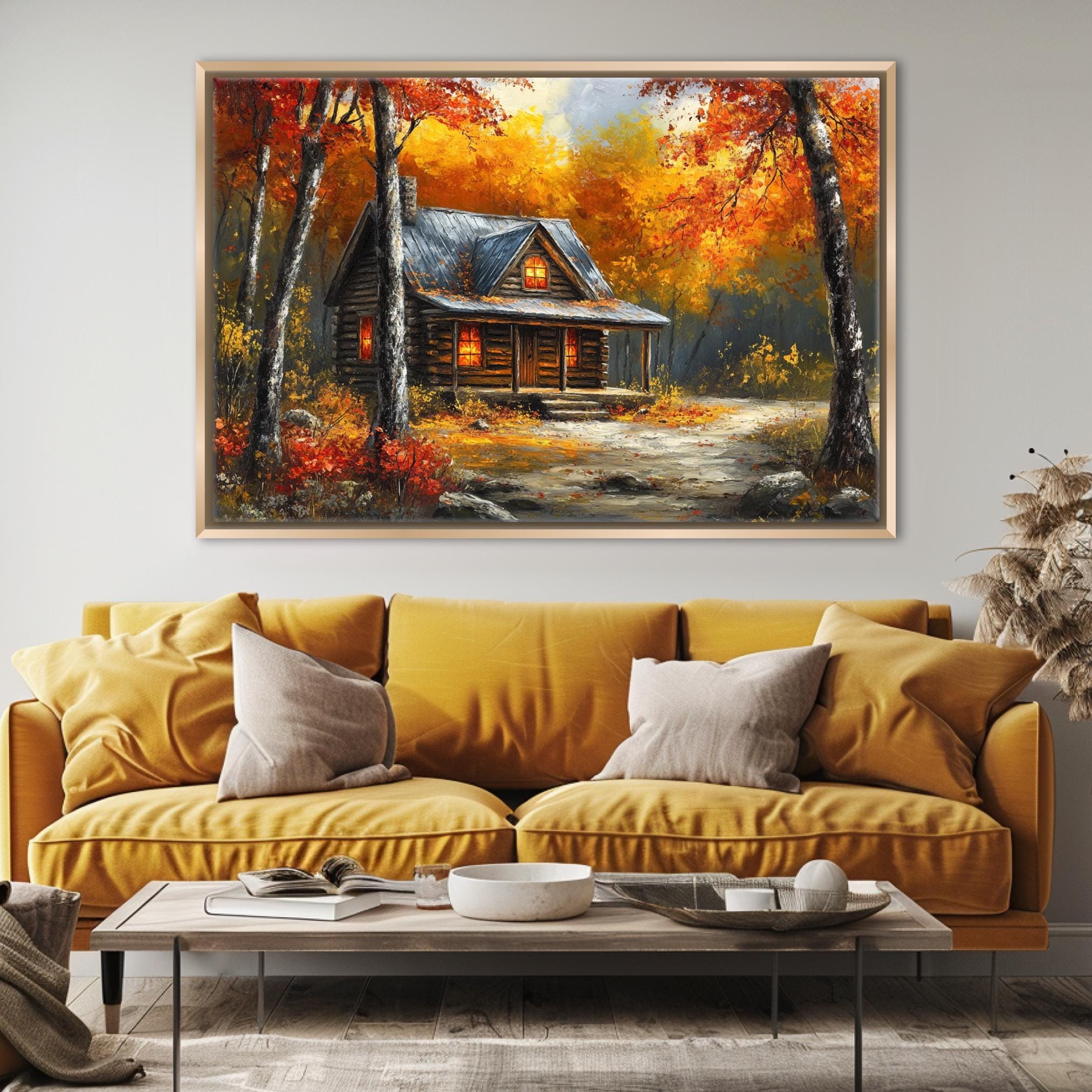 a cozy cabin nestled in a picturesque autumn landscape, with vibrant orange and red foliage surrounding the rustic wooden structure.
