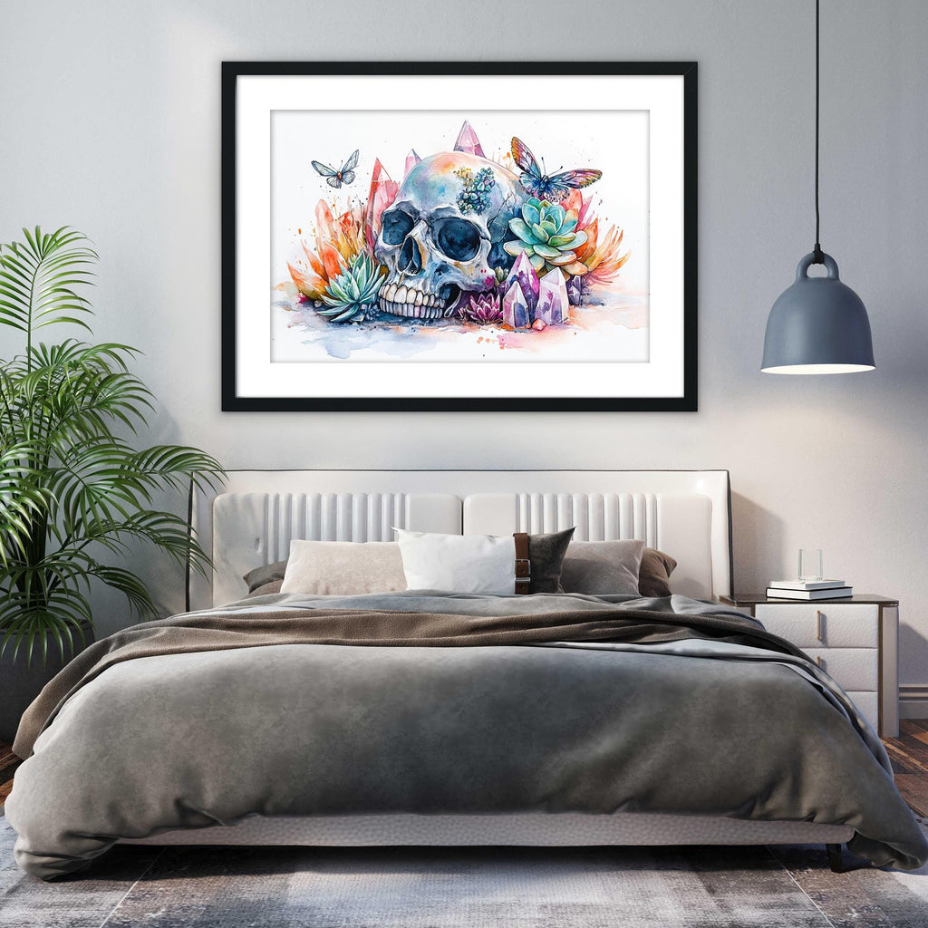 a bedroom with a large bed, a framed artwork of a skull surrounded by colorful flowers and plants, and a pendant light hanging above the bed.