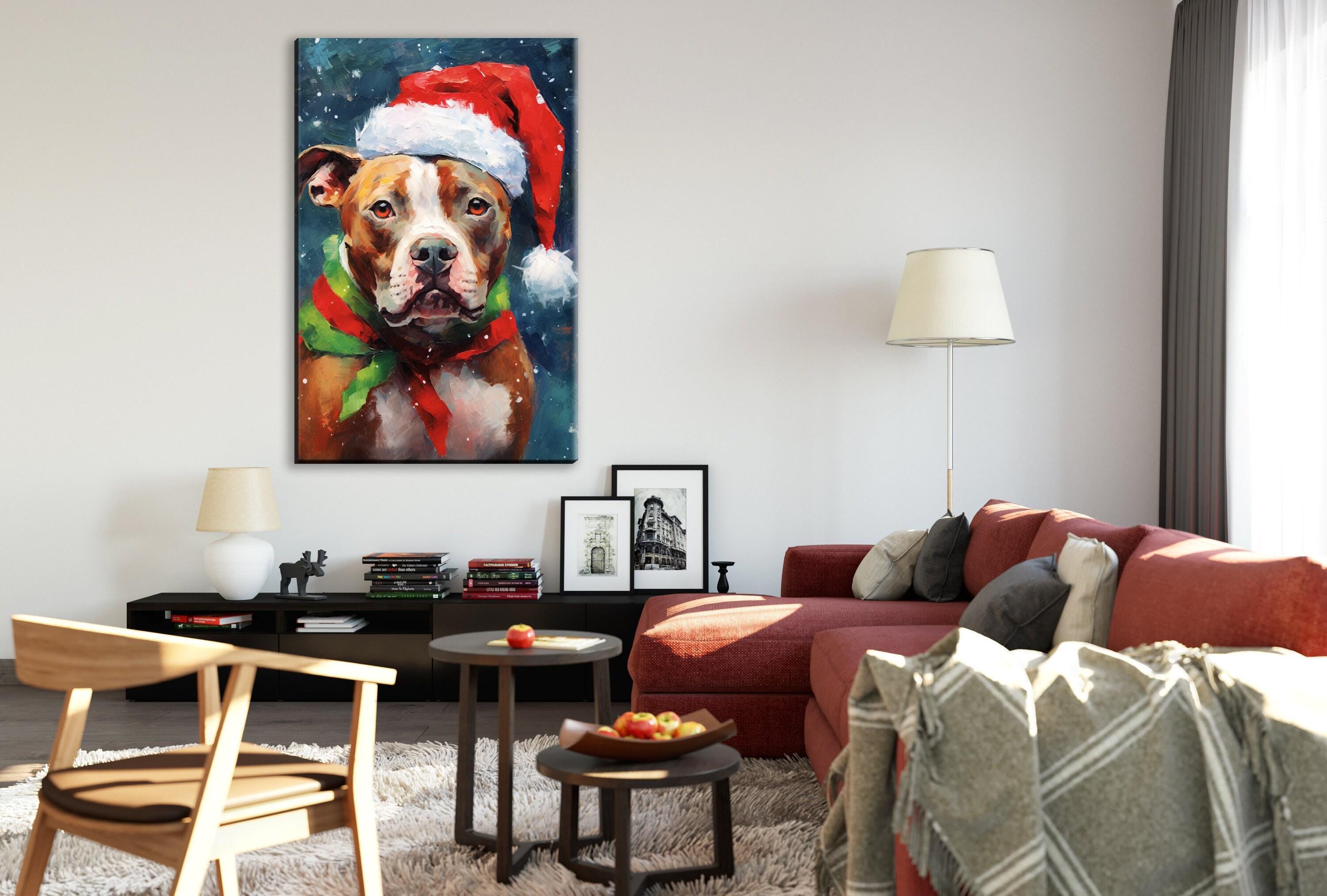 Christmas Pitbull Painting | Santa Hat Dog Art, Giclee Artist Print, Holiday Pet Artwork Canvas