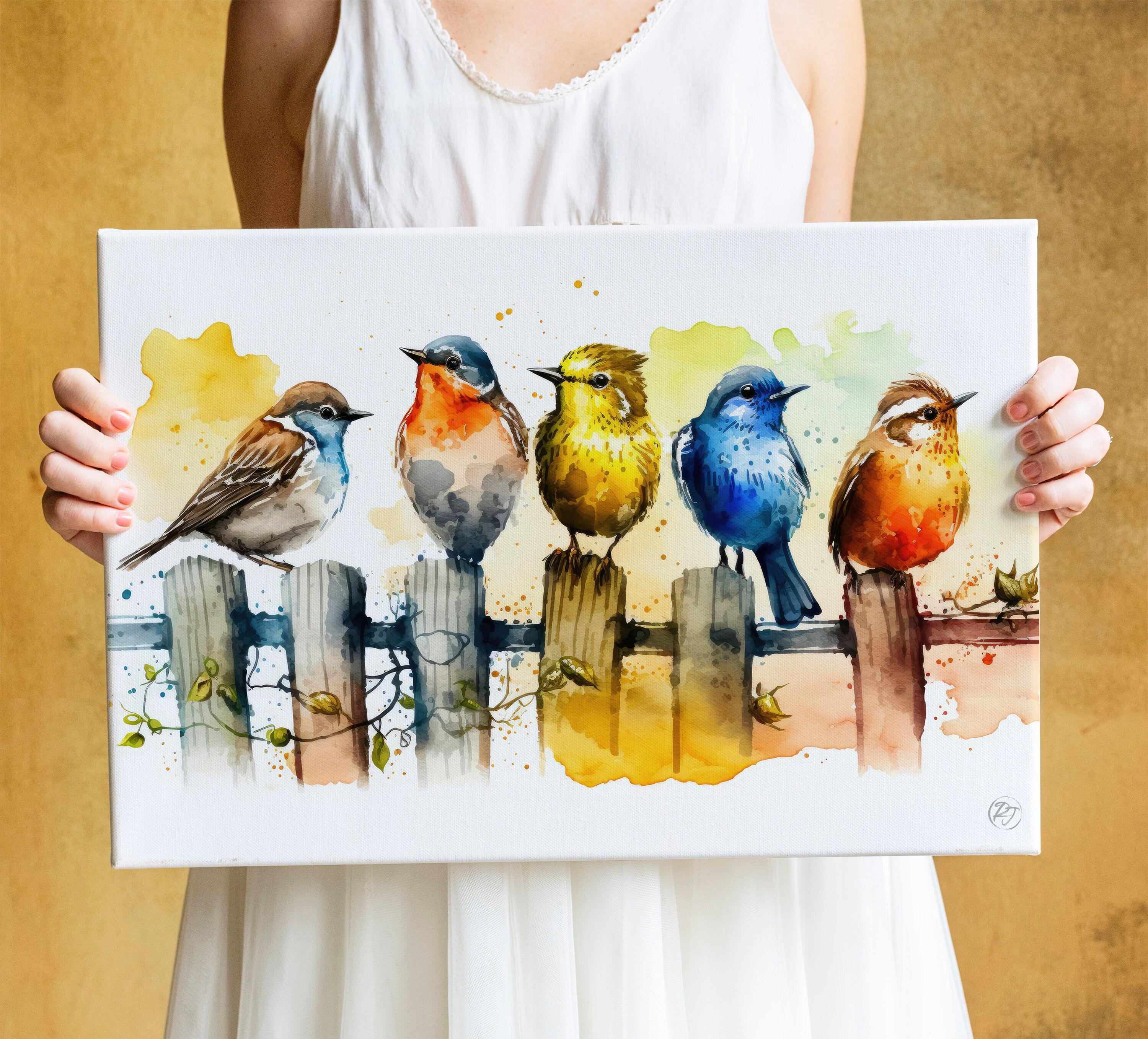 Birds Watercolor Art Print, Colorful Canvas Print, Nature Animals Framed Wall Art