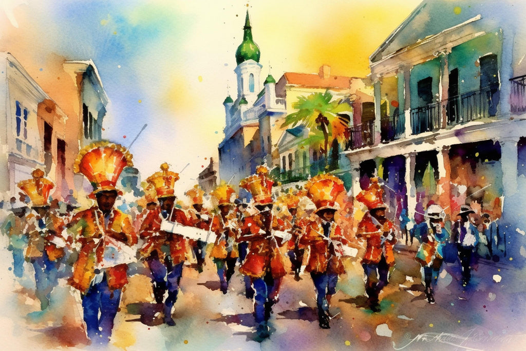 Mardi Gras Marching Band Watercolor – NOLA Parade, Giclee Print on Canvas, Artist Paper, Watercolor Paper, Available in Extra Large Sizes