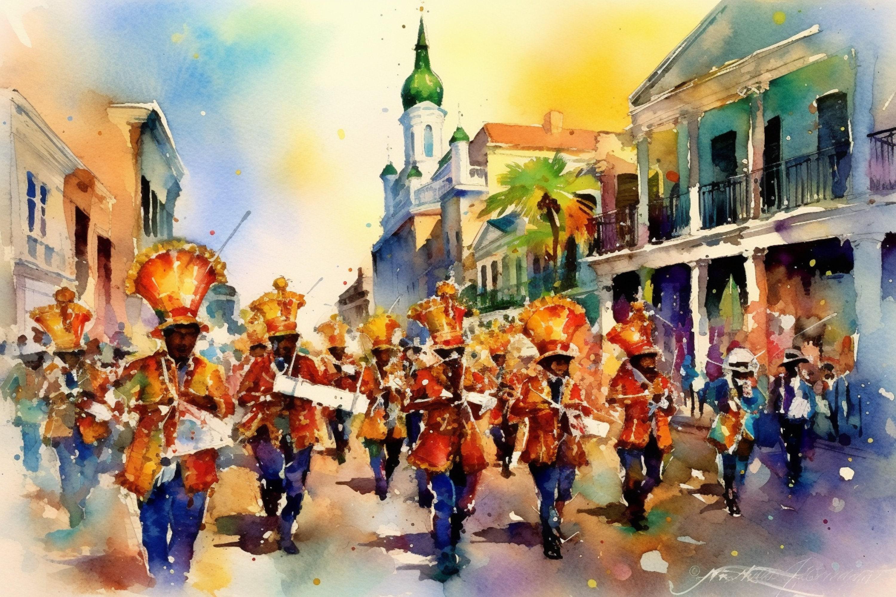 Mardi Gras Marching Band Watercolor – NOLA Parade, Giclee Print on Canvas, Artist Paper, Watercolor Paper, Available in Extra Large Sizes