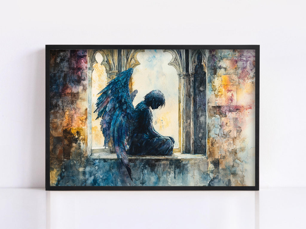 The image is a framed painting depicting a dark, winged figure sitting in a window frame, with a colorful, abstract background.