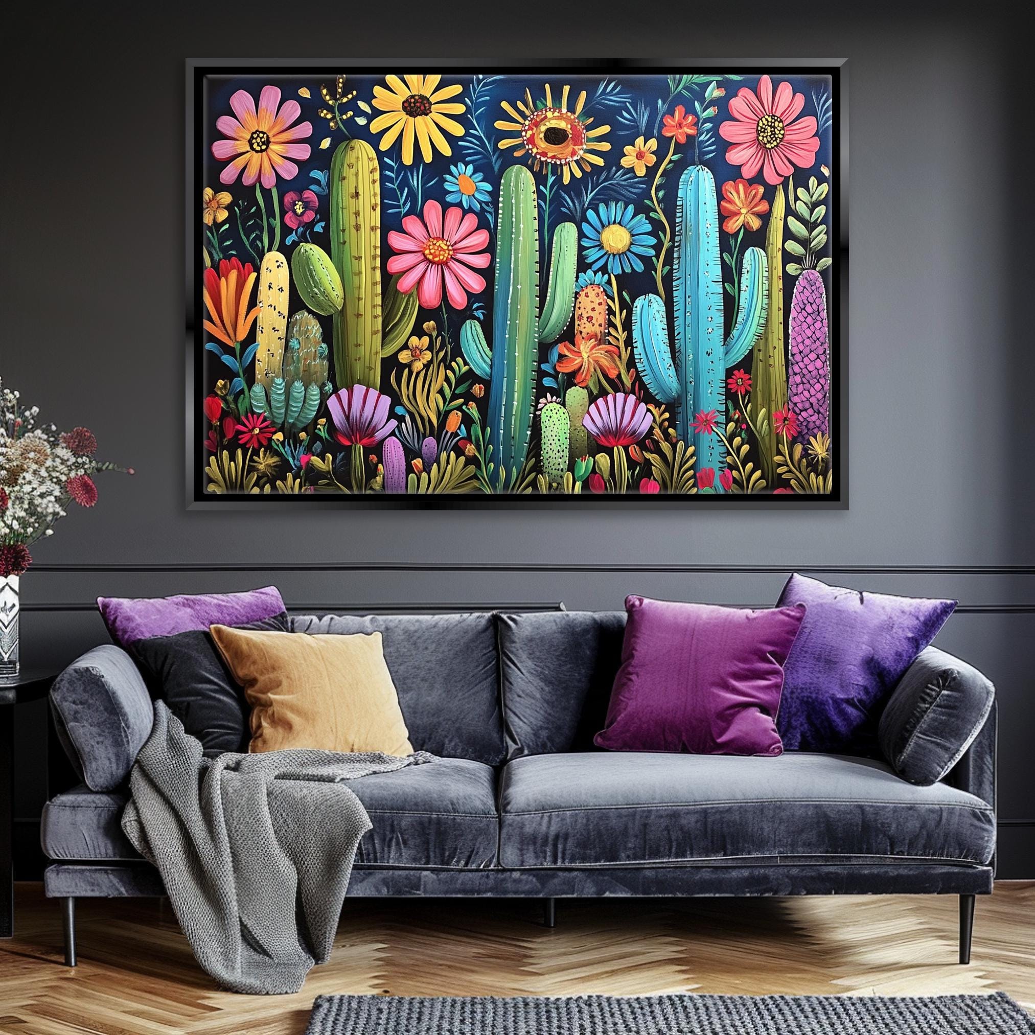 a living room with a couch and a painting on the wall