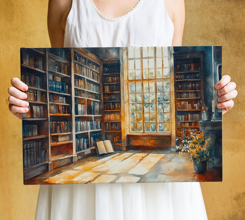 A woman holds a framed painting of a library scene, featuring bookshelves, a large window, and a vase of flowers.