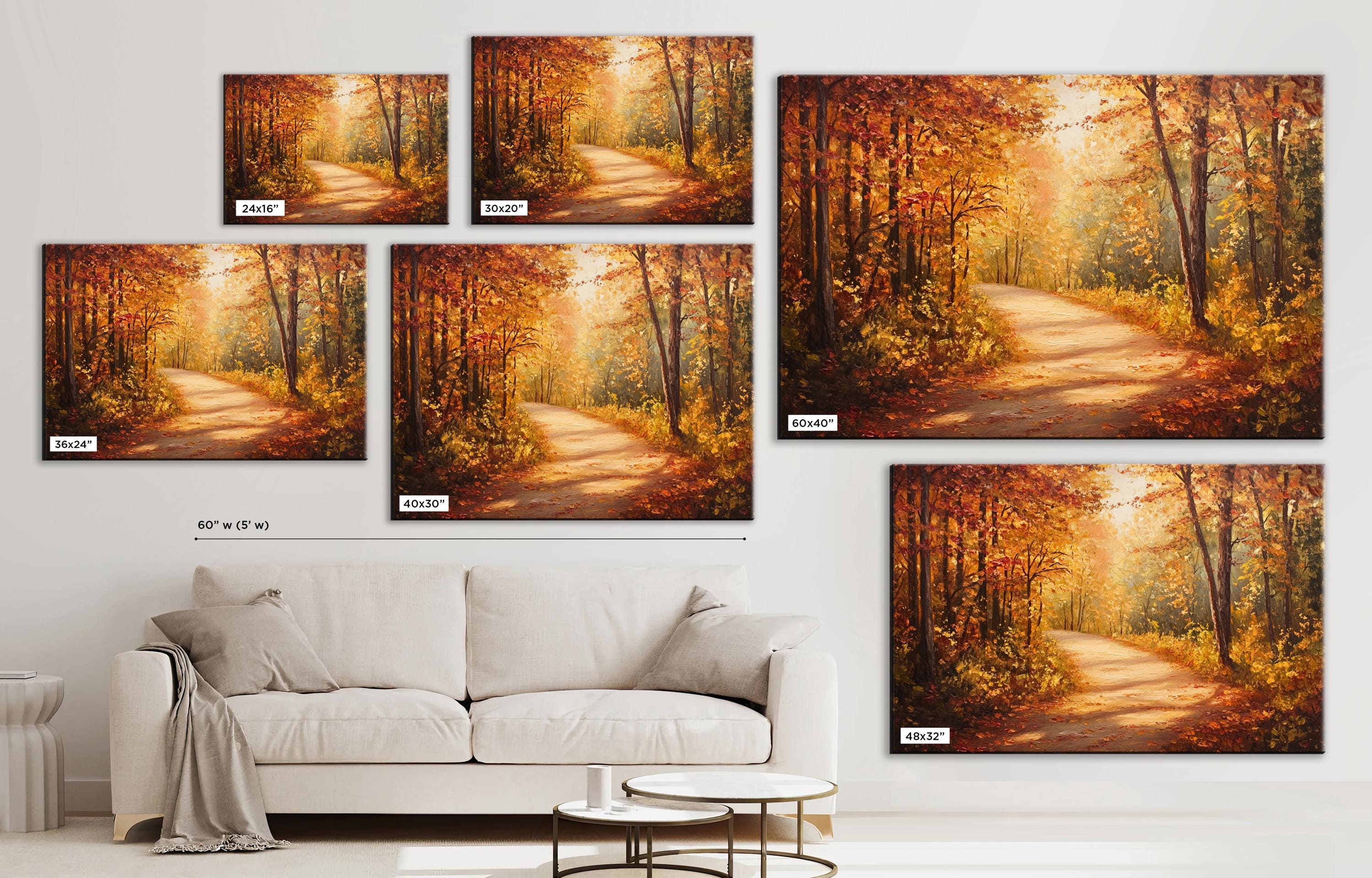 The image is a collage of multiple images depicting a scenic autumn landscape with a winding path through a forest.