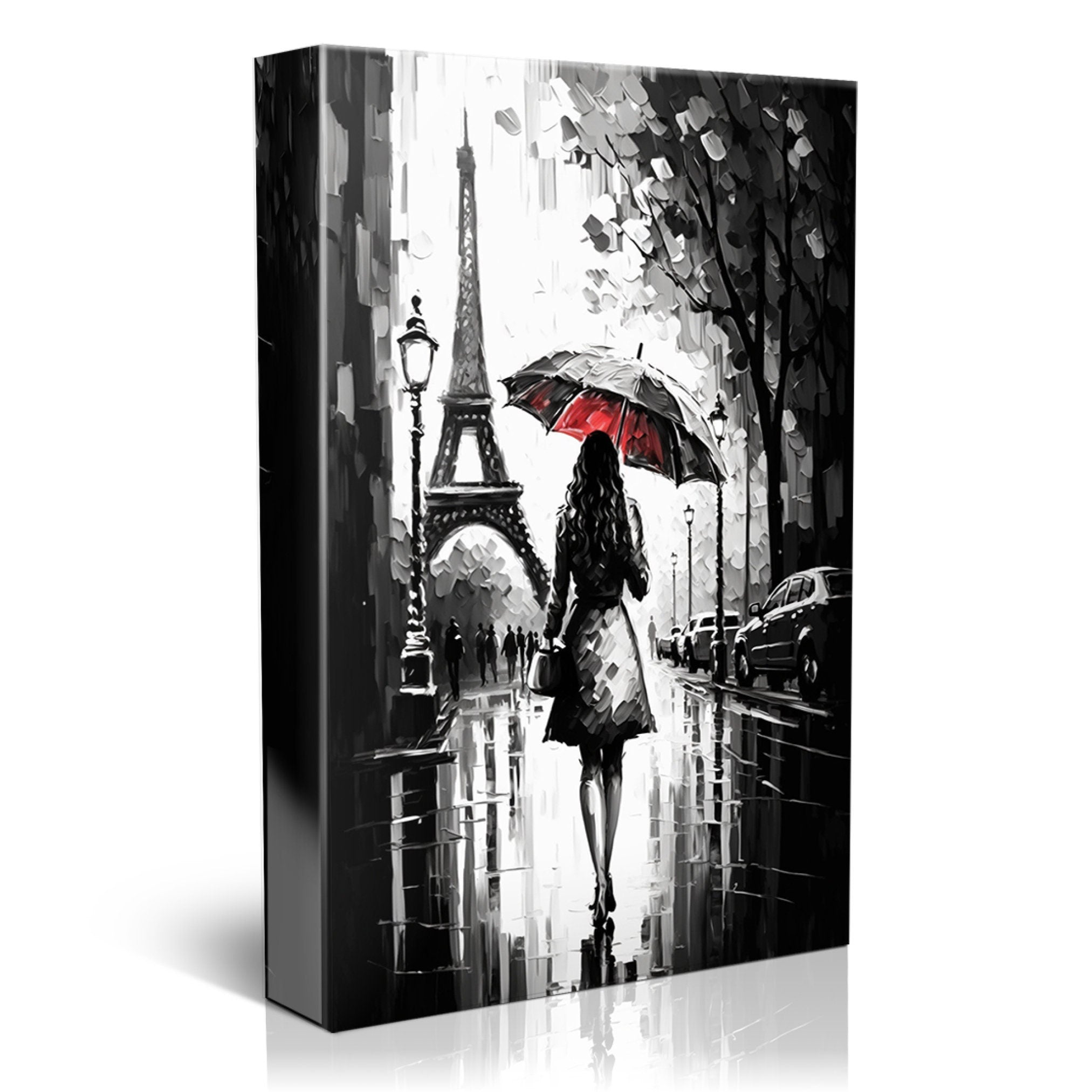 Parisian Canvas Art – Black and White Art with Red Umbrella | Large Gallery Ready Canvas Print