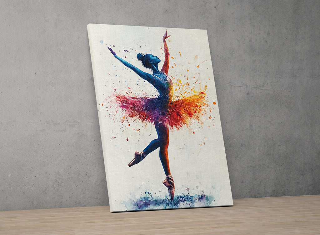A colorful painting of a ballerina in a tutu, with splashes of red, blue, and yellow paint on her body and tutu.