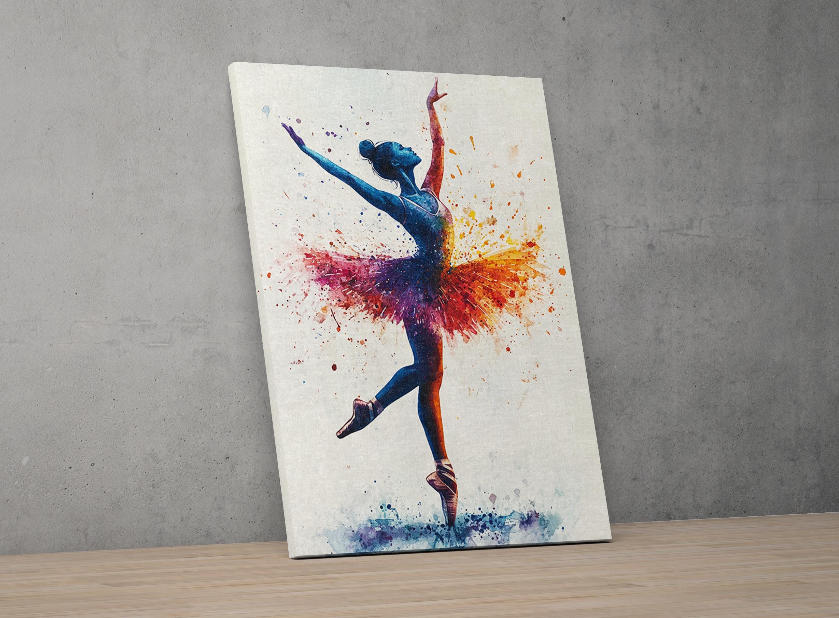 A colorful painting of a ballerina in a tutu, with splashes of red, blue, and yellow paint on her body and tutu.