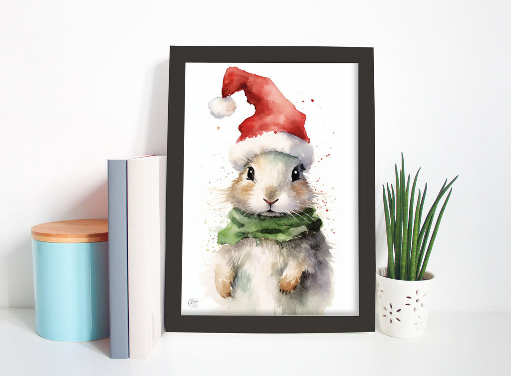 Festive Bunny in Santa Hat Watercolor Art Print, Giclee Print on Canvas, Artist Paper, Watercolor Paper, Available in Extra Large Sizes