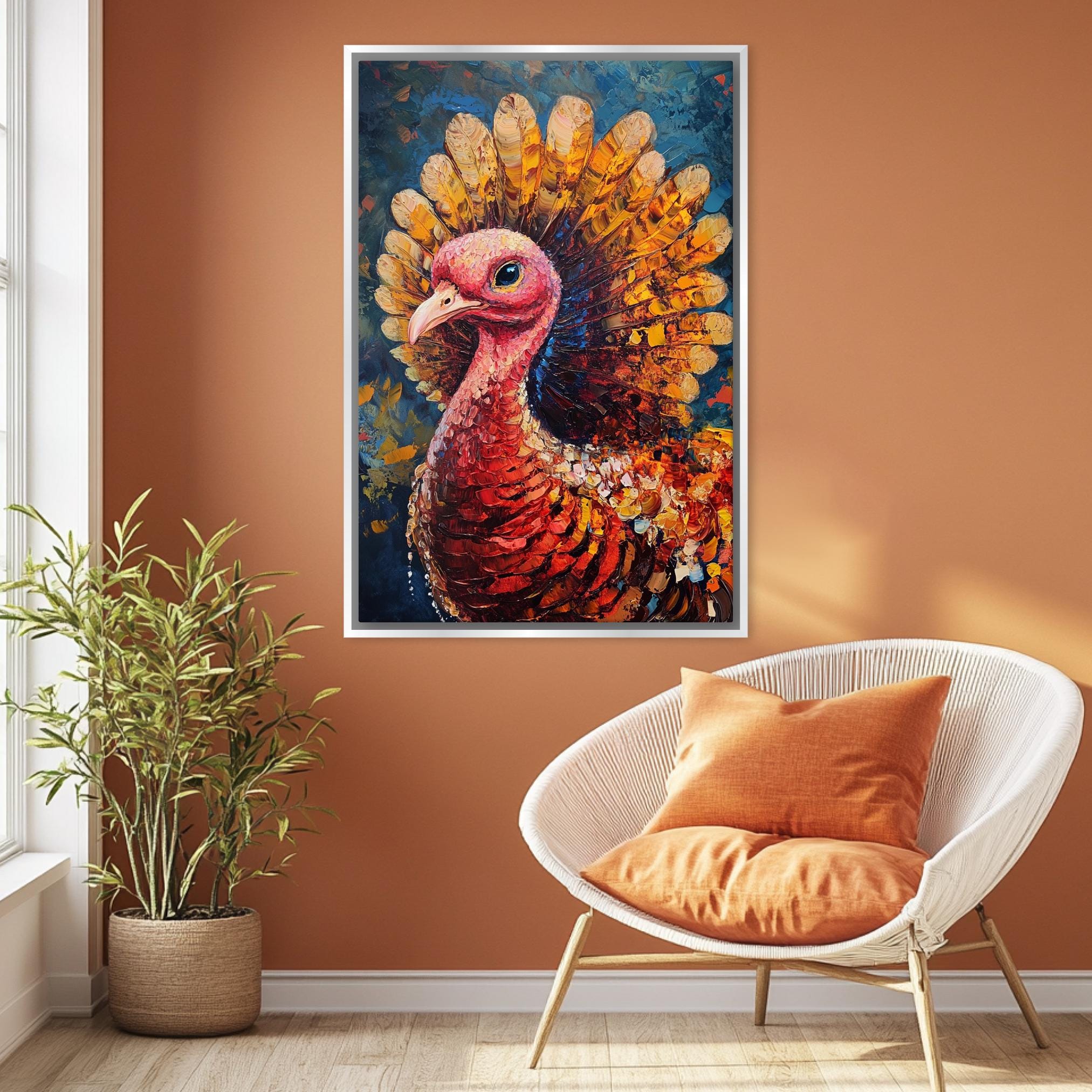 a large, colorful painting of a turkey hanging on a wall in a room with a white wicker chair and a potted plant.