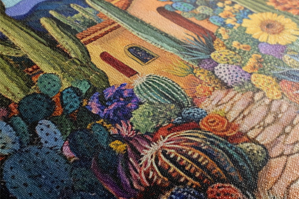 a close up of a painting of cactus and flowers