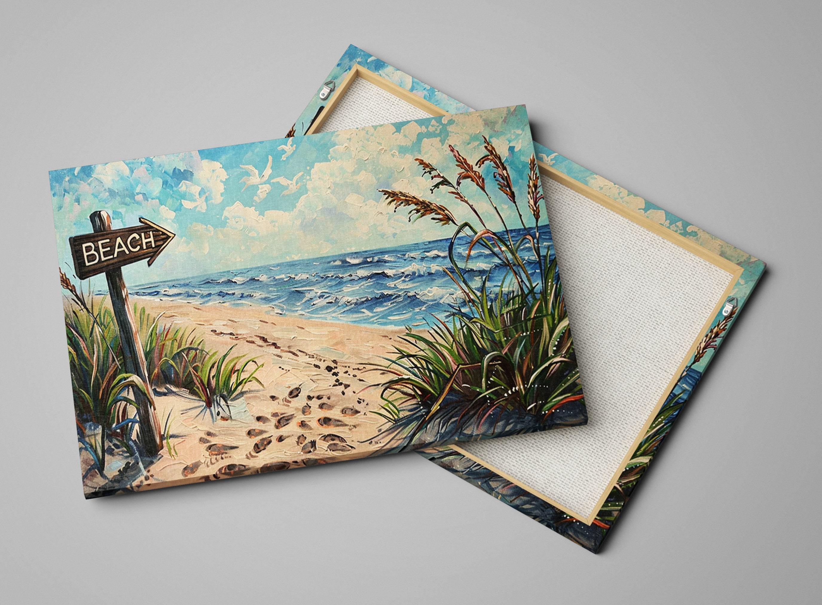 Beach Sign Wall Art – Coastal Wall Art on Gallery Wrapped Canvas, Large Sandy Shore Picture