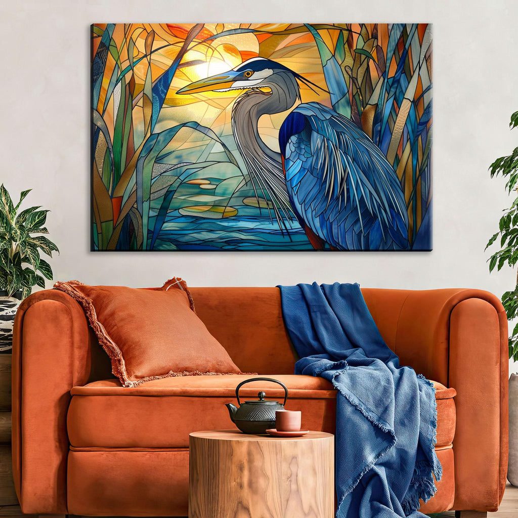 Blue Heron Canvas | Stained Glass Style Large Canvas Art - Coastal Bird Wall Decor