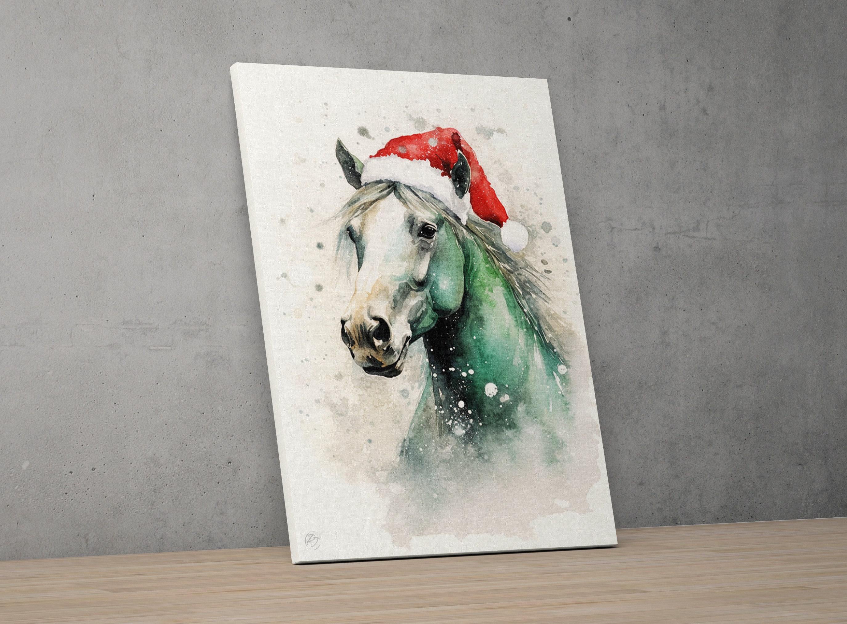 Festive Horse in Santa Hat Watercolor Art Print, Giclee Print on Canvas, Artist Paper, Watercolor Paper, Available in Extra Large Sizes